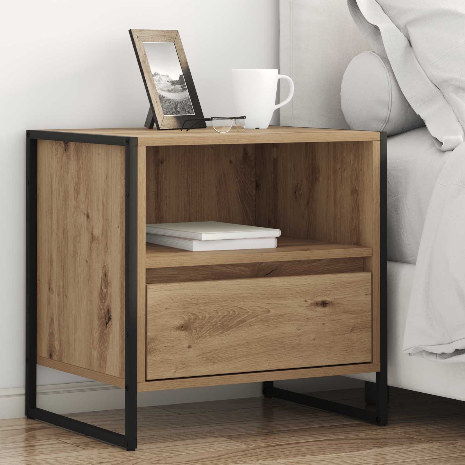 vidaXL Nachtkastje met lade Zwart Eiken 50 x 39,5 x 50 cm Bewerkt hout
