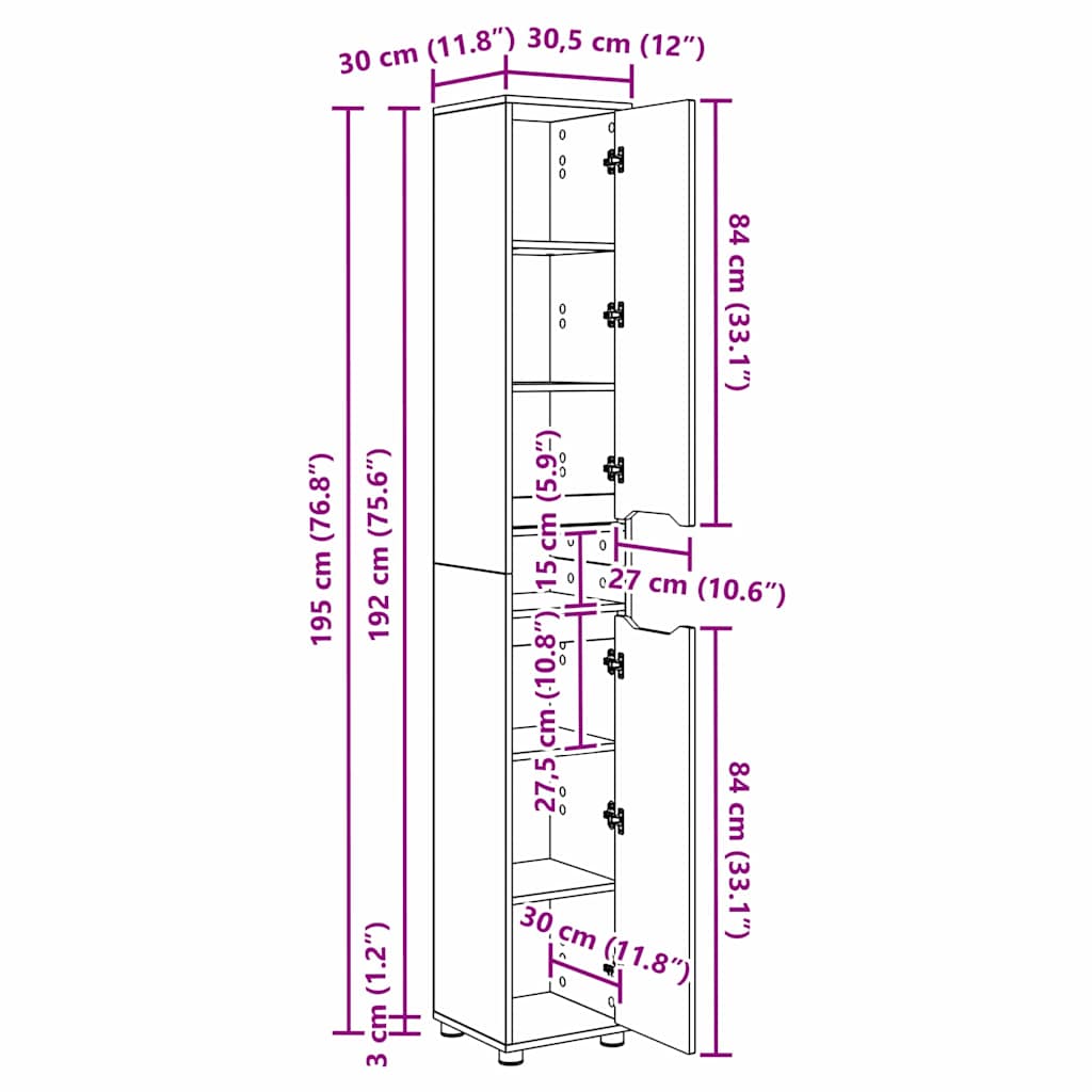 vidaXL Badkamer Kast met plank Wit 30,5 x 30 x 195 cm Bewerkt hout