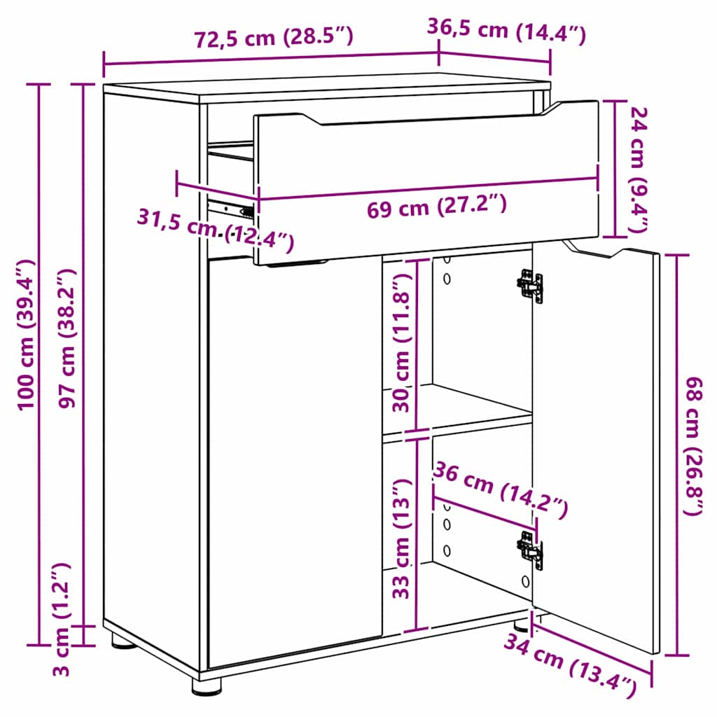 vidaXL Badkamer Kast met lade Wit 72,5 x 36,5 x 100 cm Bewerkt hout