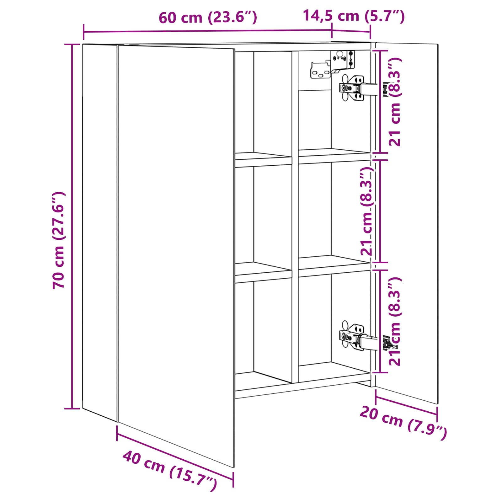 vidaXL Badkamer spiegelkast Wit 60 x 14,5 x 70 cm Bewerkt hout