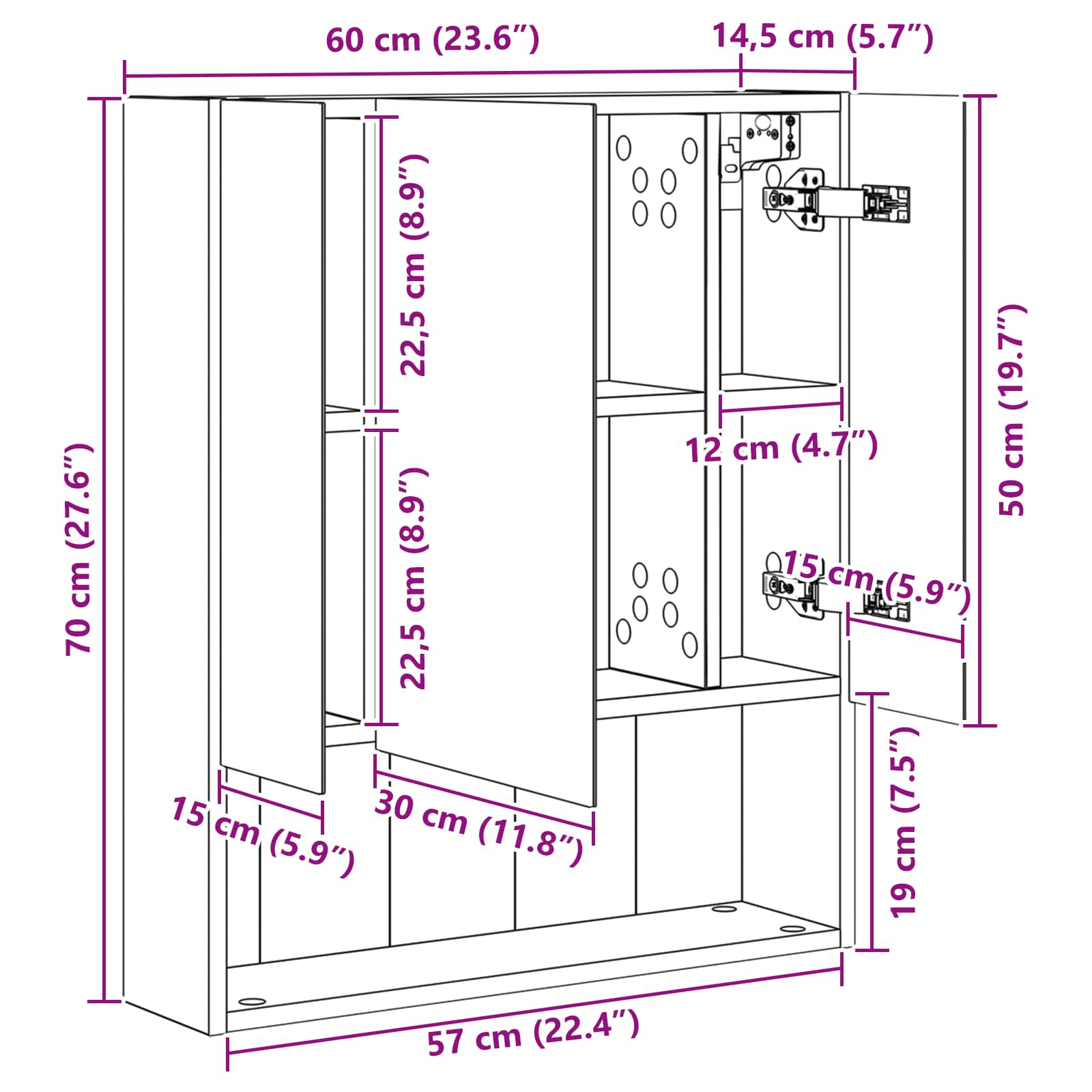 vidaXL Badkamer spiegelkast Wit 60 x 14.5 x 70 cm Bewerkt hout