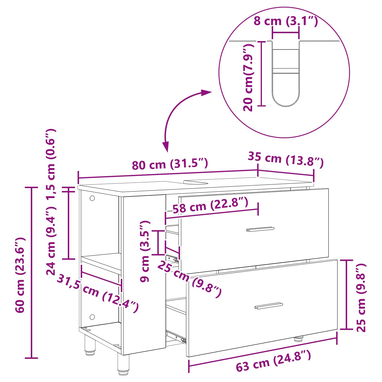vidaXL Opbergkast onder de wastafel Sonoma eiken 80 x 35 x 60 cm