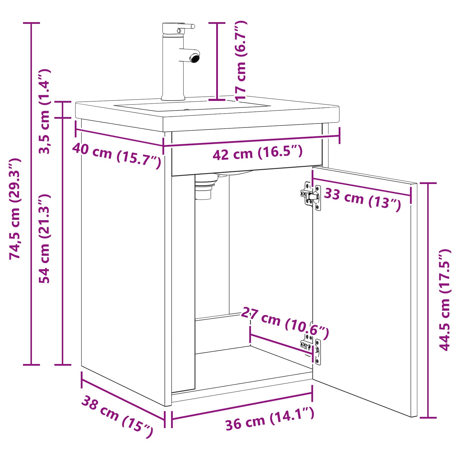 vidaXL Badkamerkast met kraan Wit 42 x 40 x 74,5 cm
