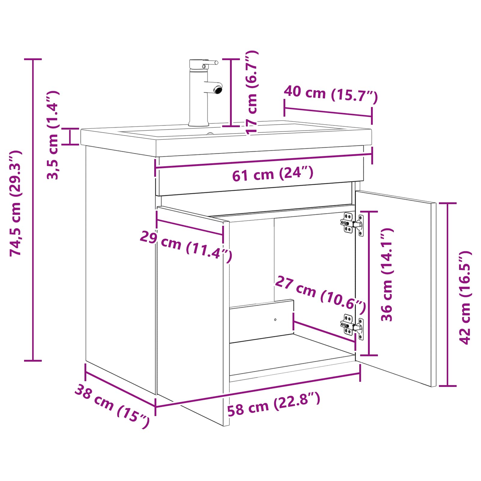 vidaXL Badkamer wastafel met wasbak Oud hout 61 x 39 x 58 cm