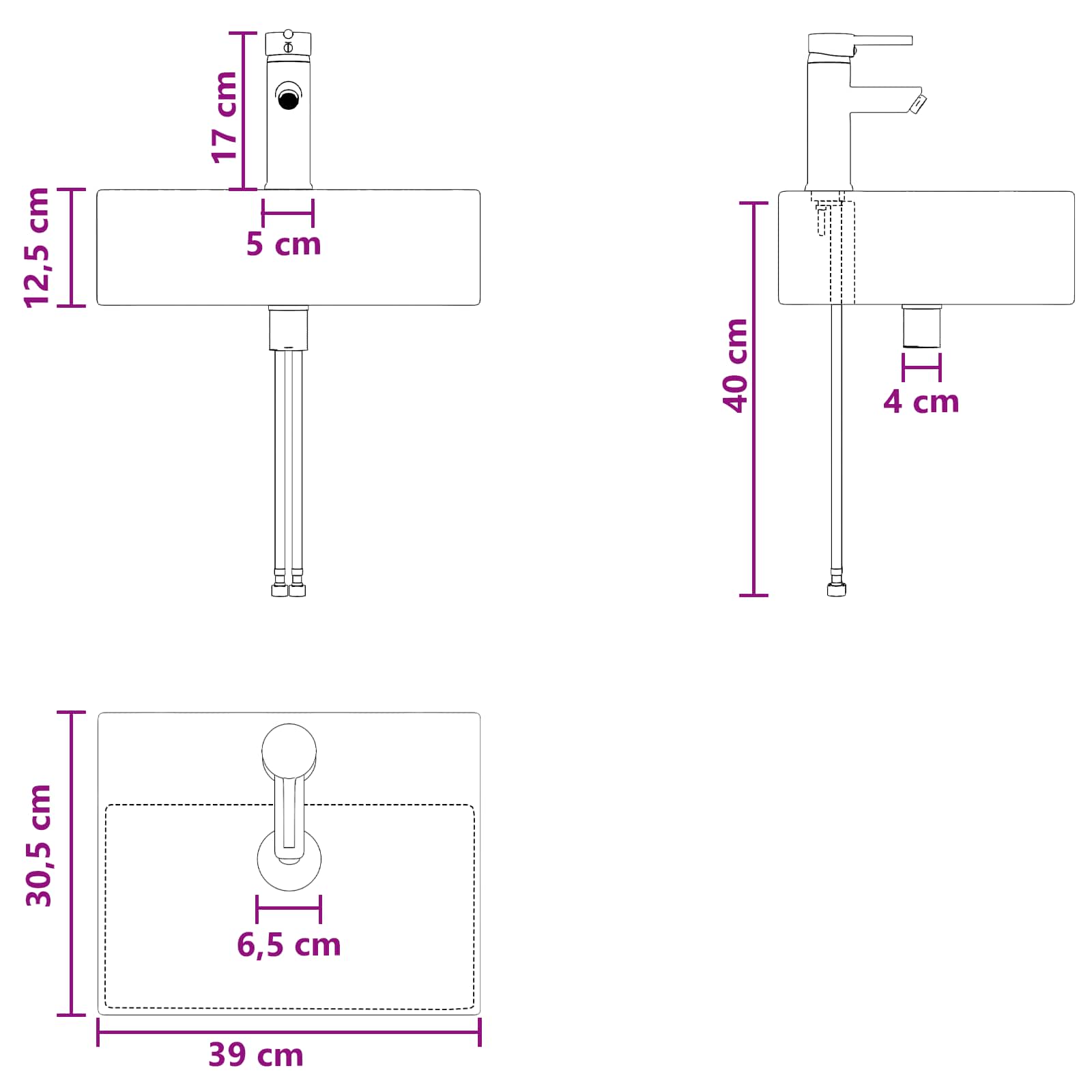 vidaXL Wandgemonteerde Wastafel Wit 40 x 41 x 39 cm Bewerkt hout
