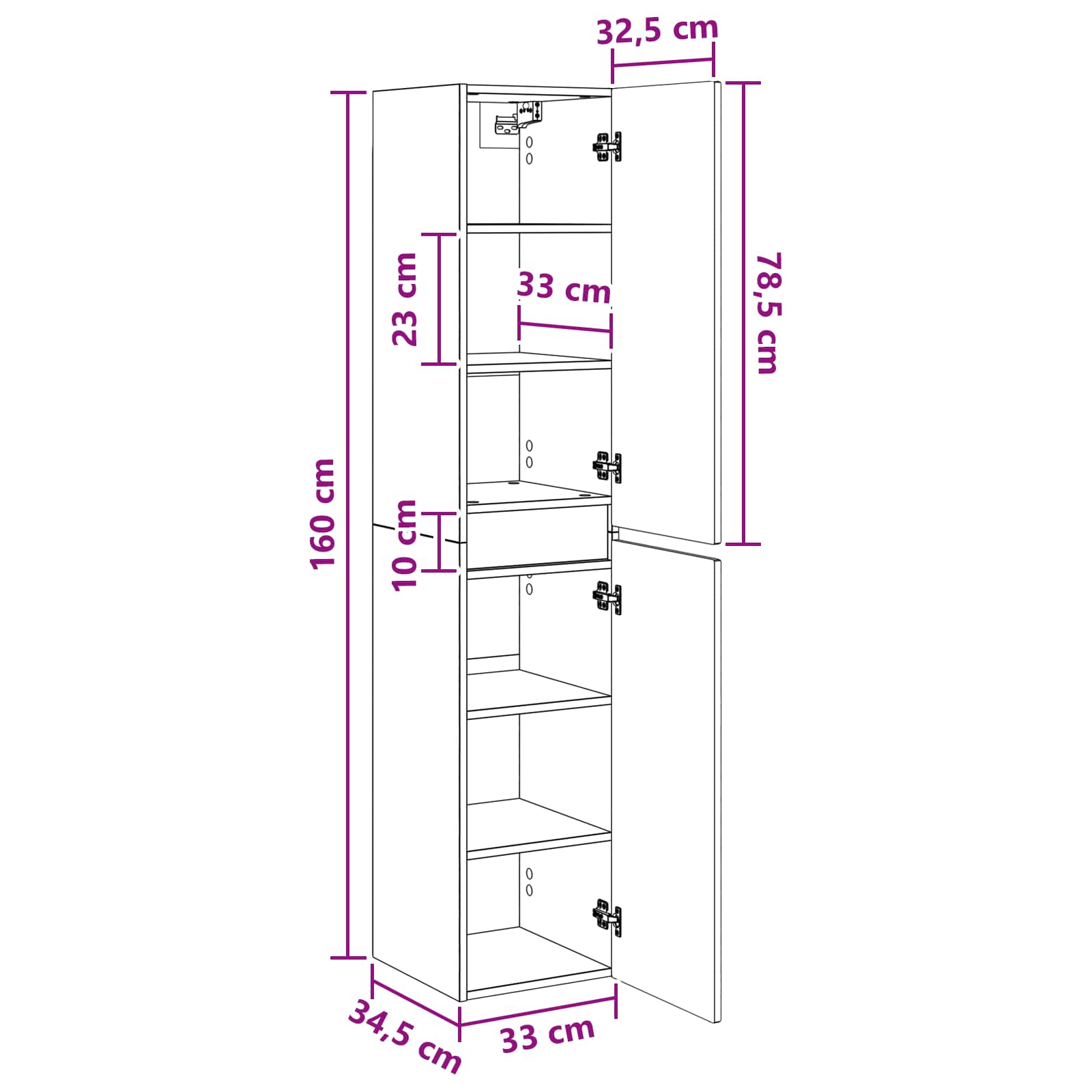 vidaXL Wand Gemonteerde Badkamerkast Wit 33 x 34,5 x 160 cm
