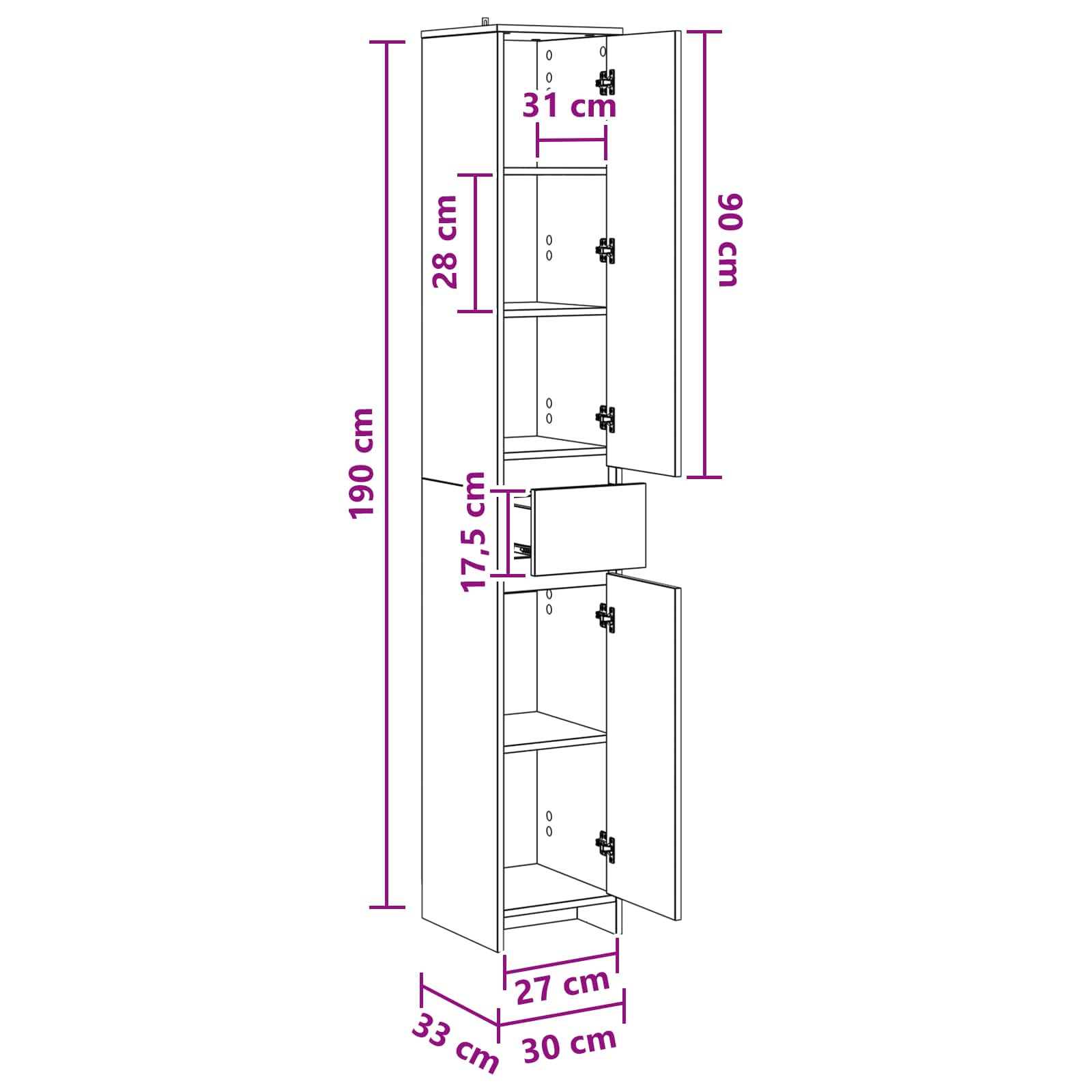 vidaXL Badkamerkast Wit 30 x 33 x 190 cm Bewerkt hout