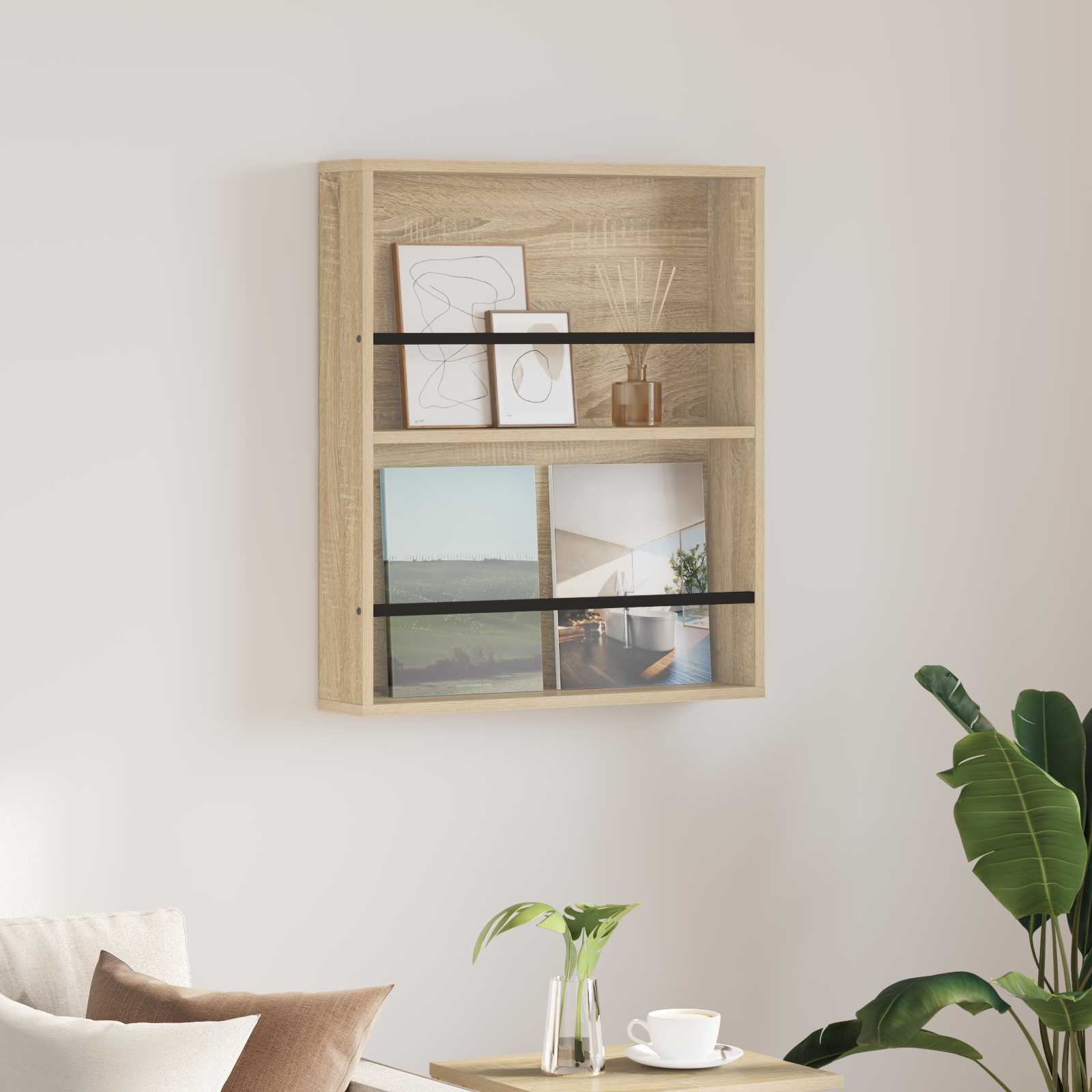 vidaXL Tijdschrift Rek Zwart Eiken 60 x 12 x 70 cm Bewerkt hout