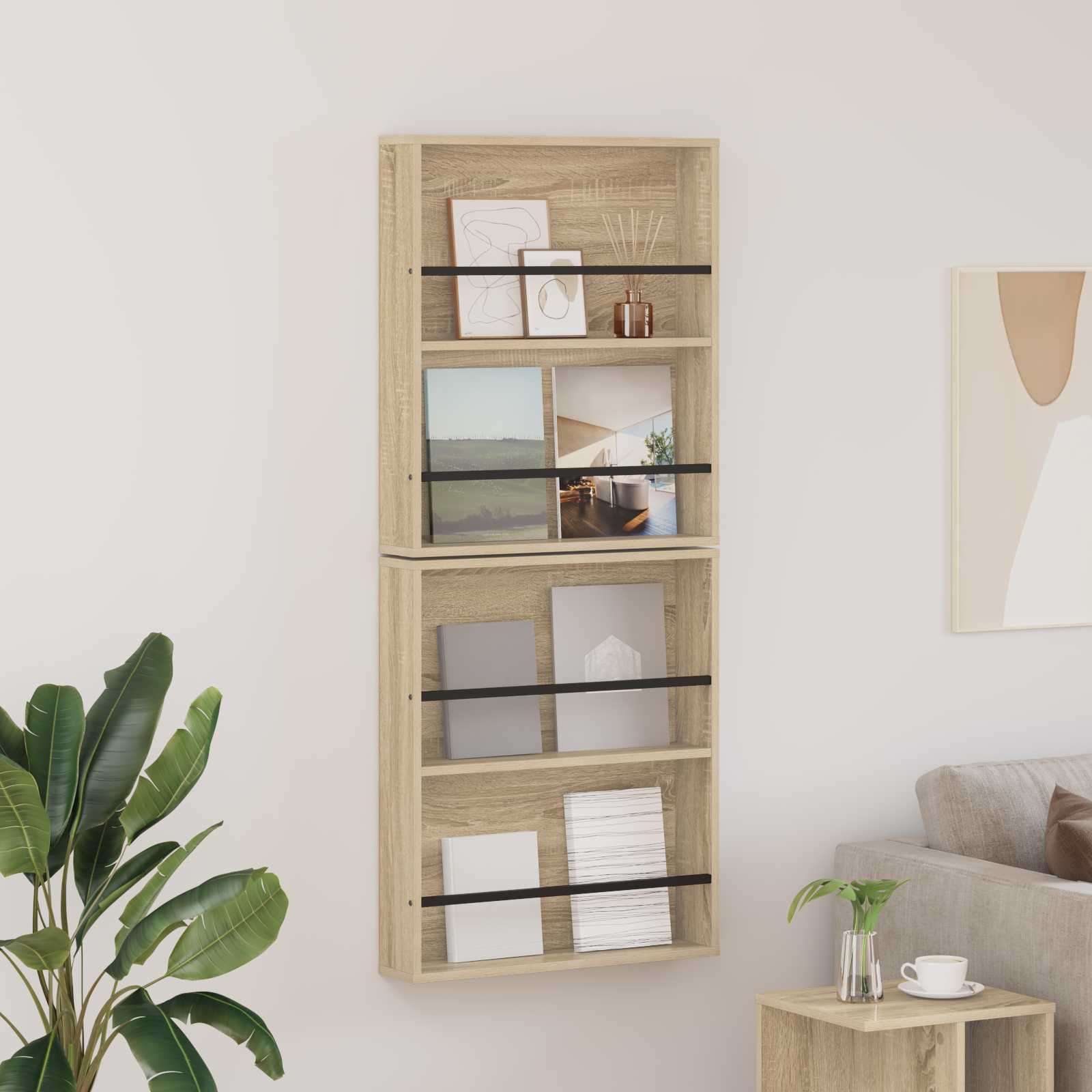 vidaXL Tijdschrift Rek Zwart Eiken 60 x 12 x 70 cm Bewerkt hout