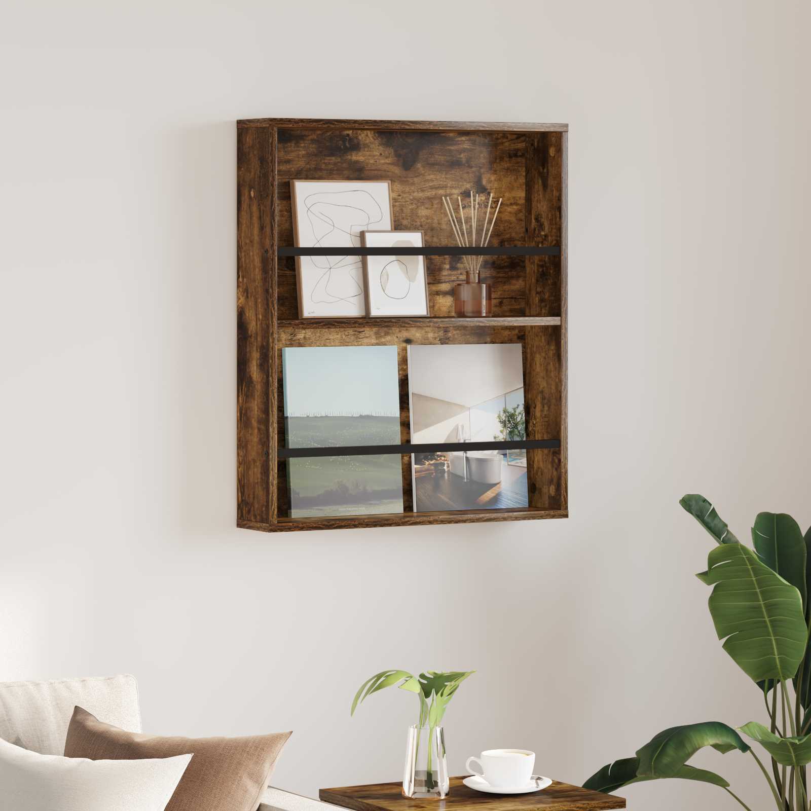 vidaXL Tijdschrift Rek Zwart Eiken 60 x 12 x 70 cm Bewerkt hout