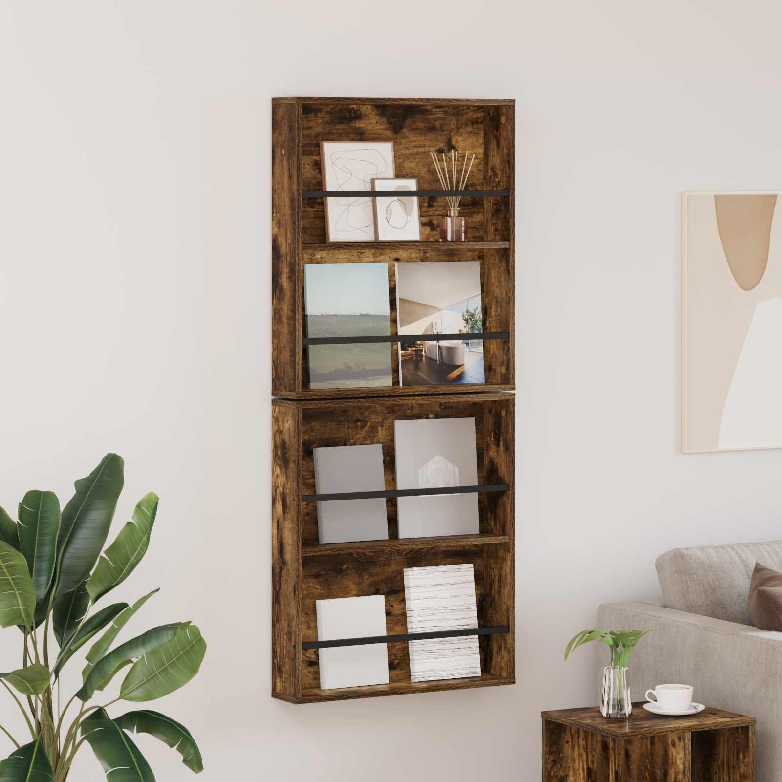 vidaXL Tijdschrift Rek Zwart Eiken 60 x 12 x 70 cm Bewerkt hout