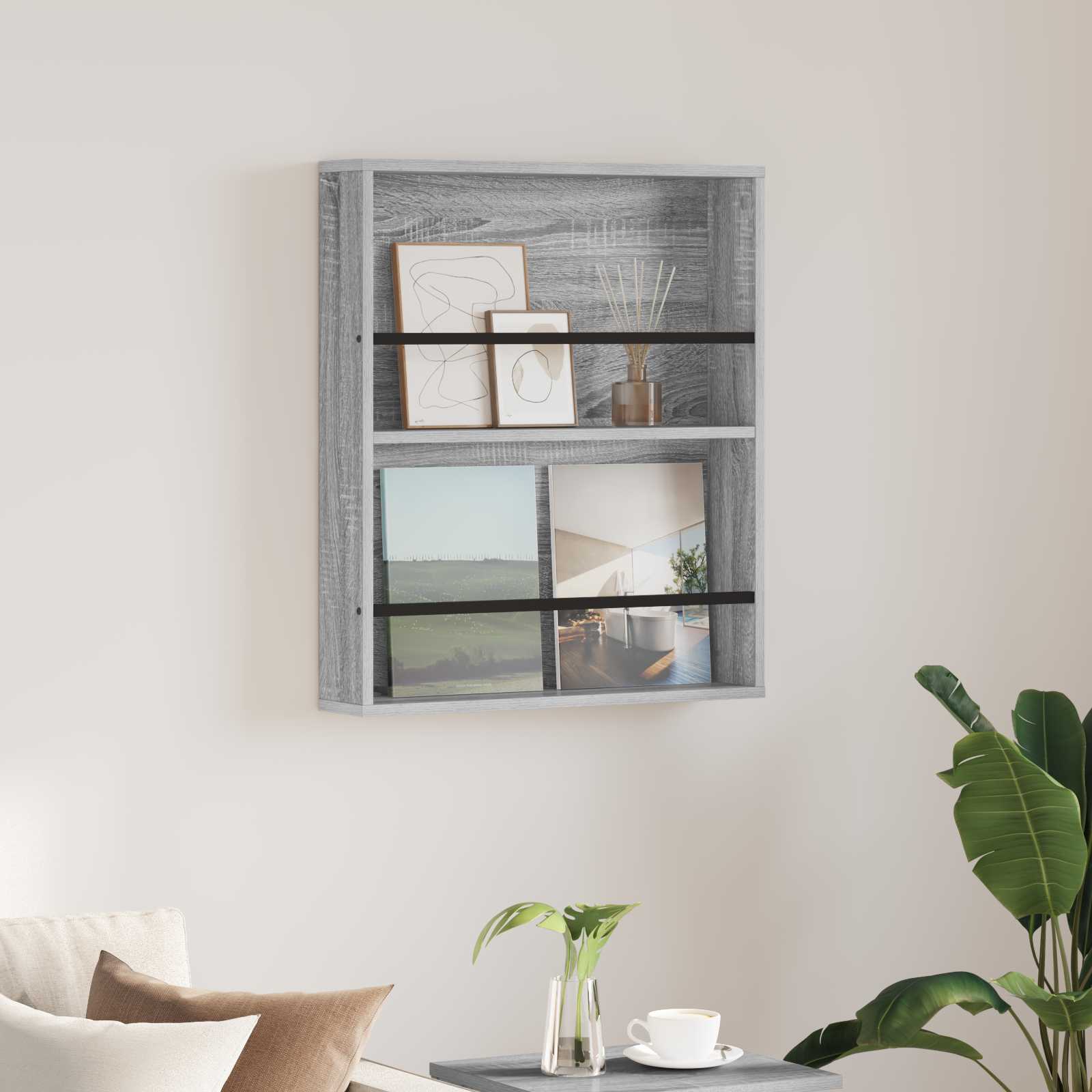 vidaXL Tijdschrift Rek Zwart Eiken 60 x 12 x 70 cm Bewerkt hout