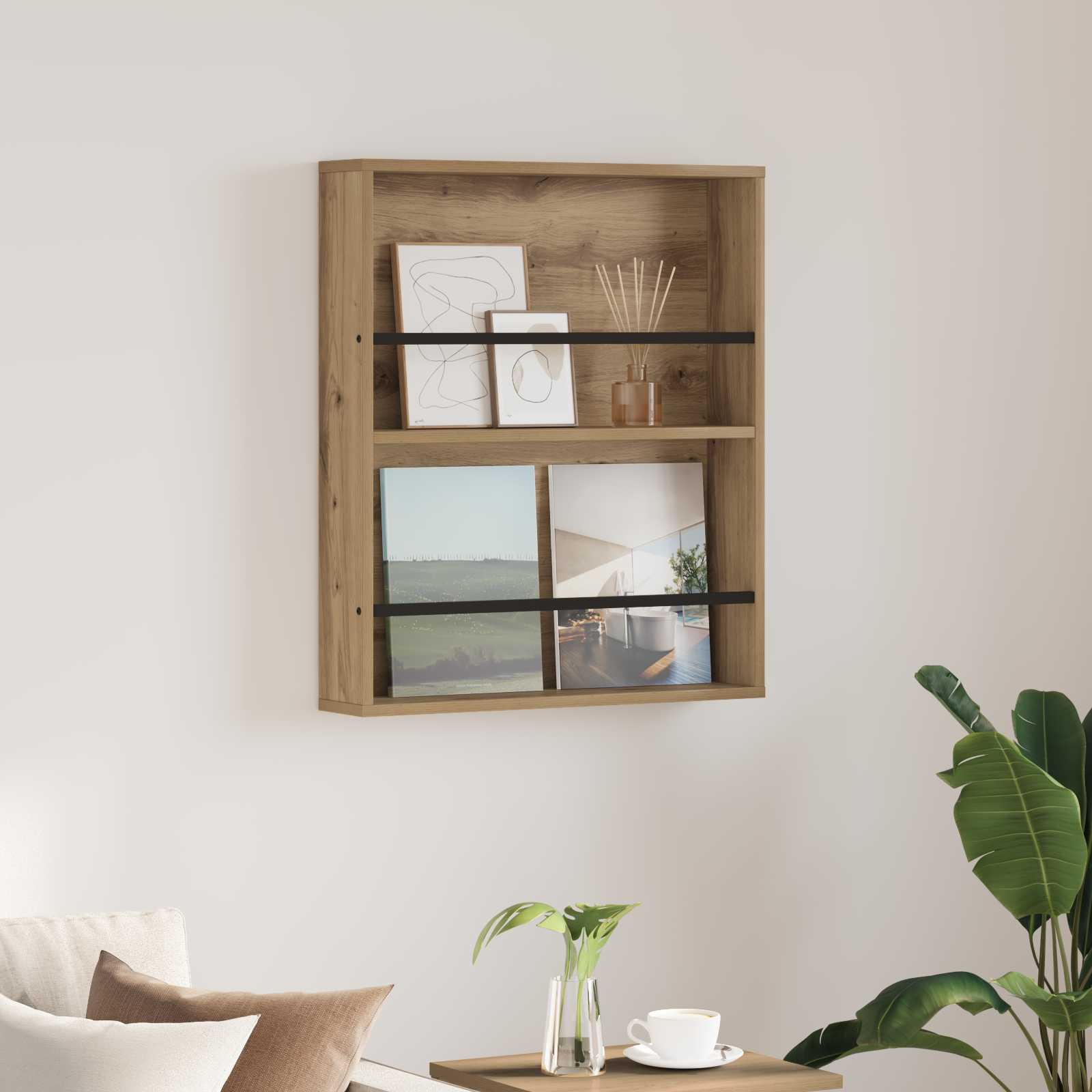 vidaXL Tijdschrift Rek Zwart Eiken 60 x 12 x 70 cm Bewerkt hout
