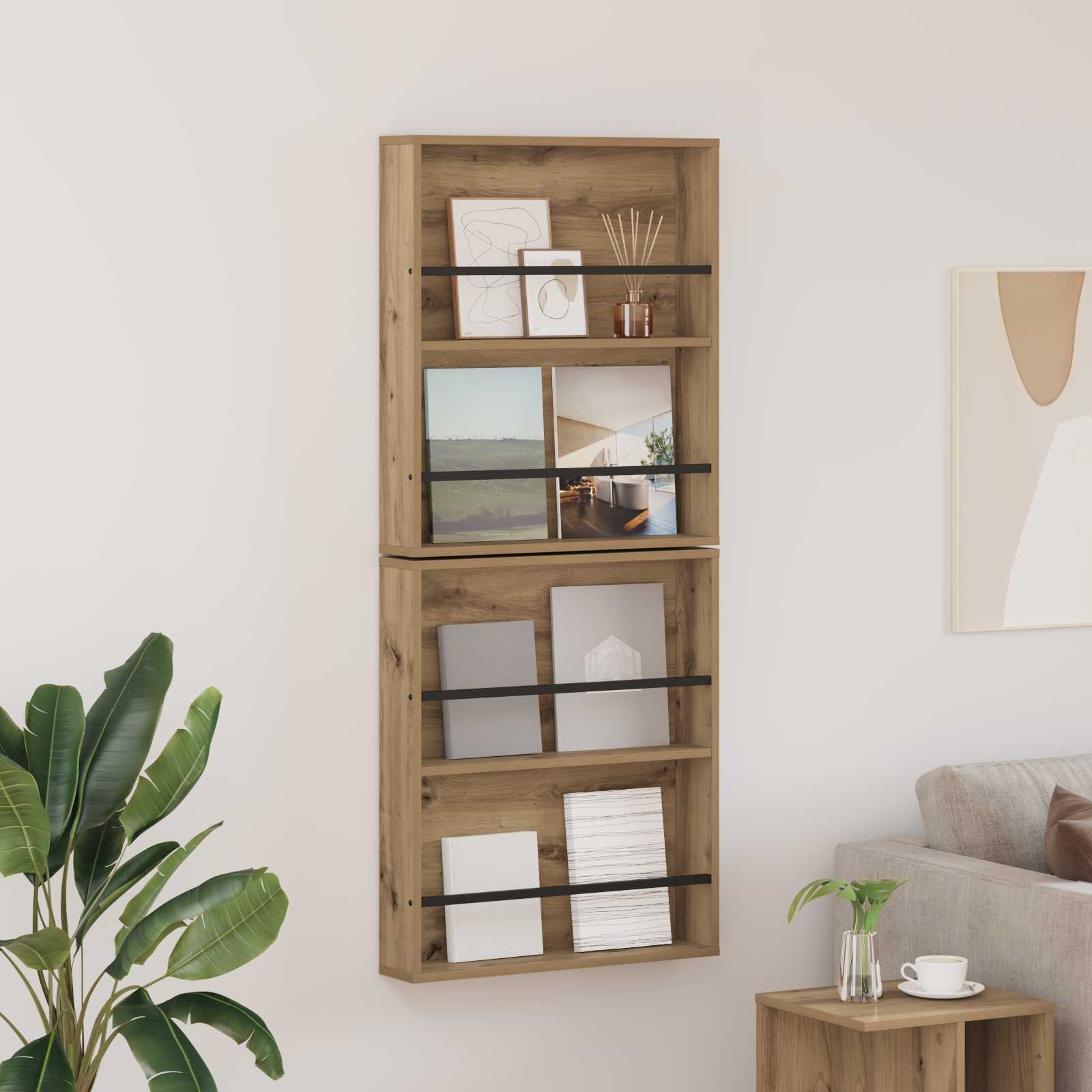vidaXL Tijdschrift Rek Zwart Eiken 60 x 12 x 70 cm Bewerkt hout