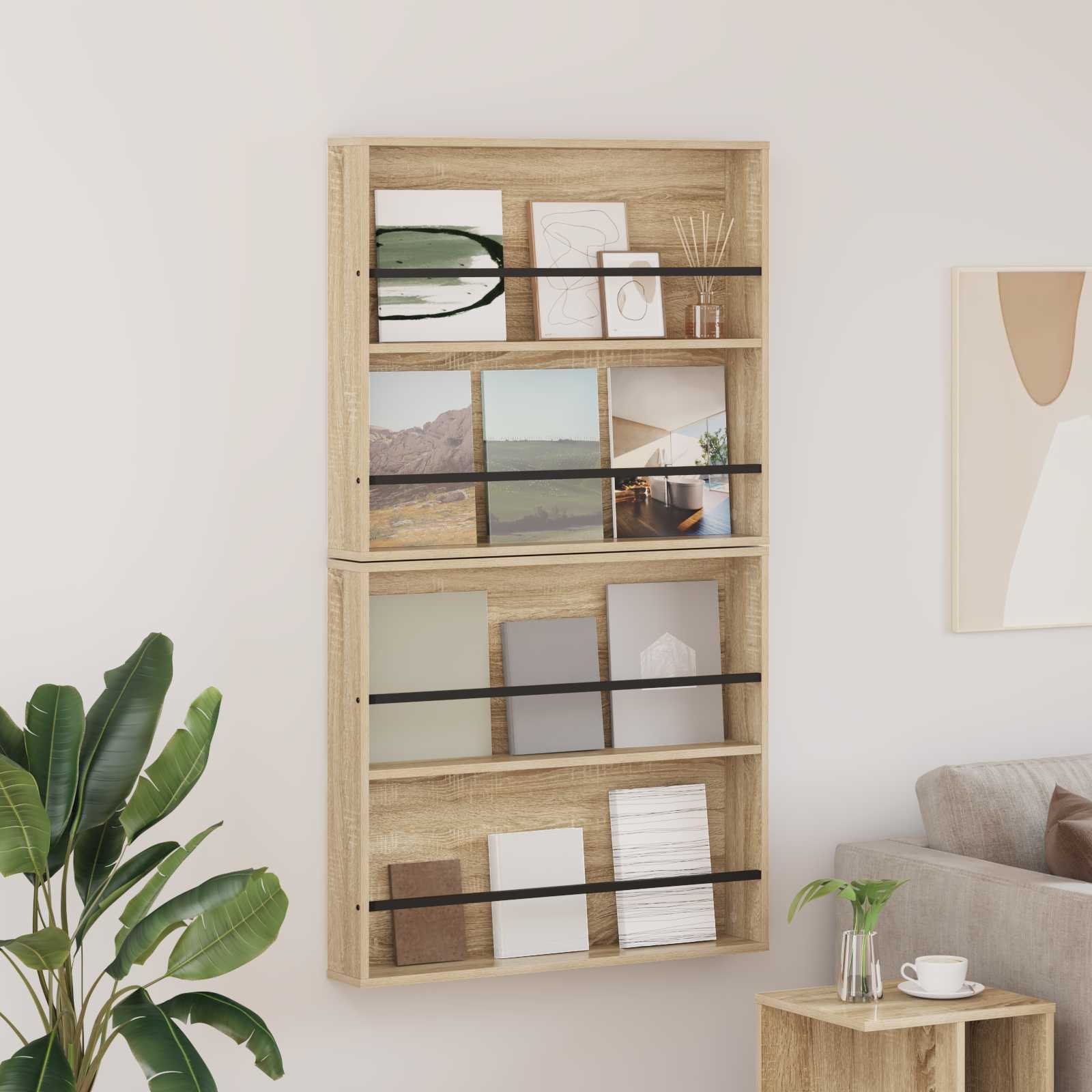 vidaXL Tijdschrift Rek Zwart Eiken 60 x 12 x 70 cm Bewerkt hout
