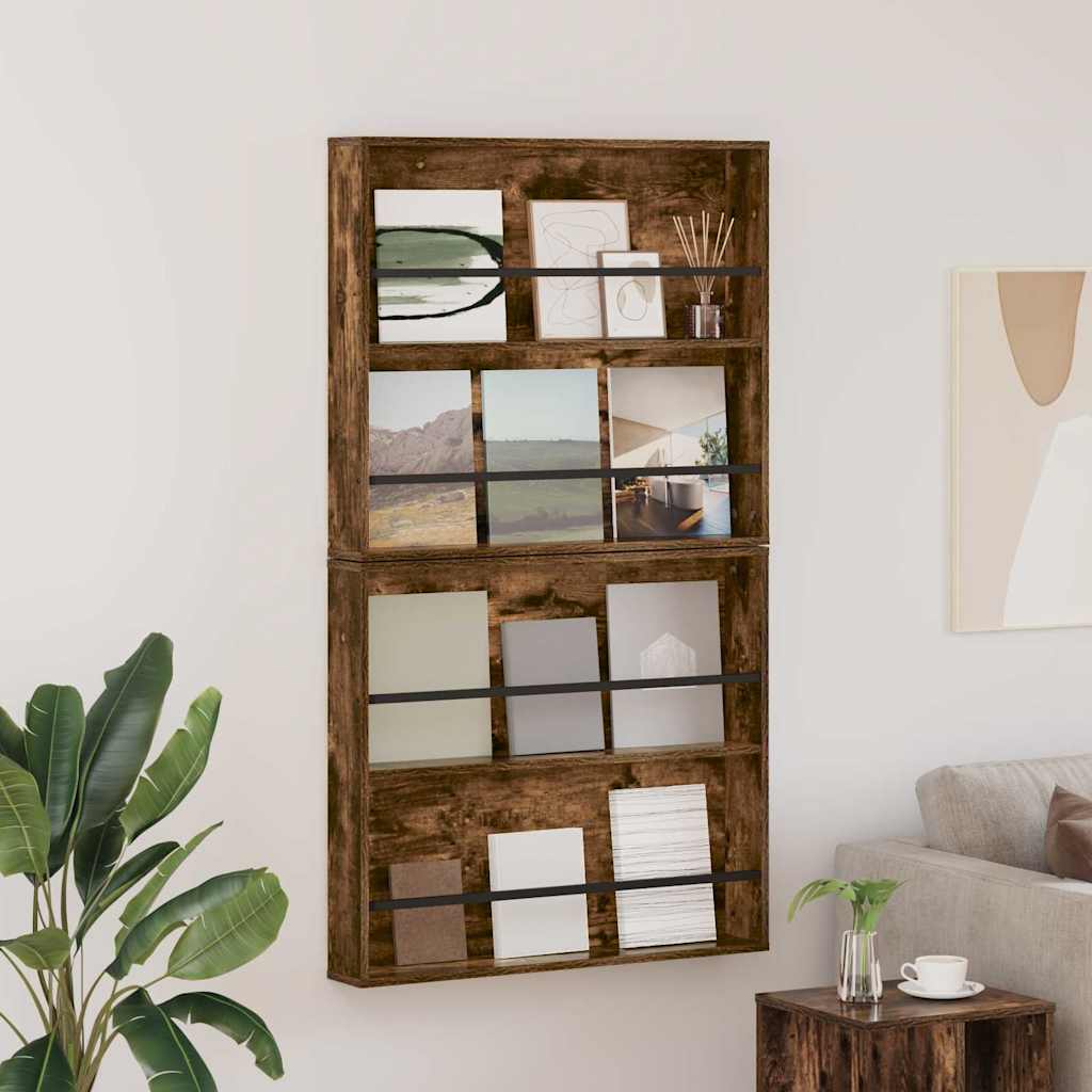 vidaXL Tijdschrift Rek Zwart Eiken 60 x 12 x 70 cm Bewerkt hout
