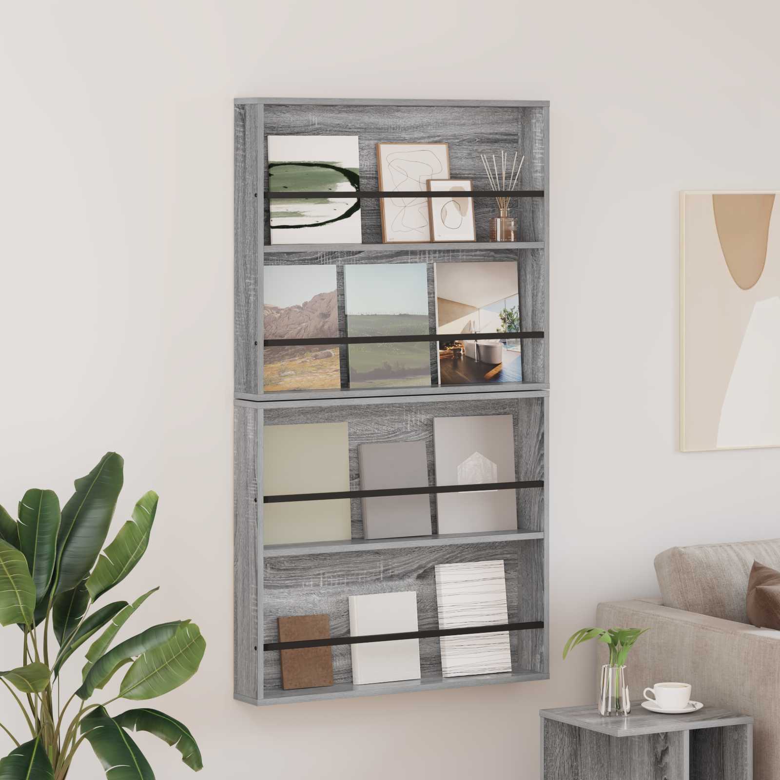 vidaXL Tijdschrift Rek Zwart Eiken 60 x 12 x 70 cm Bewerkt hout