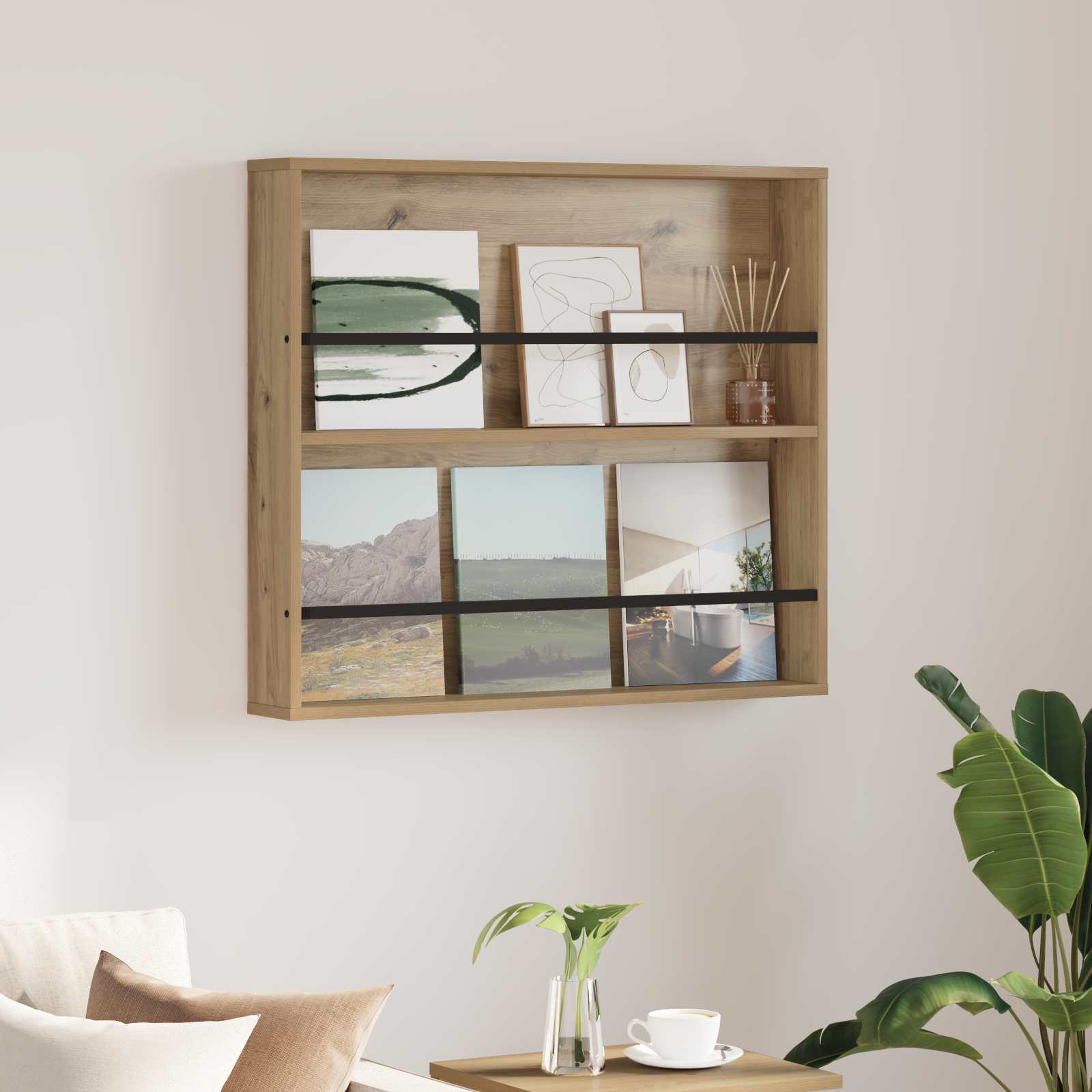 vidaXL Tijdschrift Rek Zwart Eiken 60 x 12 x 70 cm Bewerkt hout