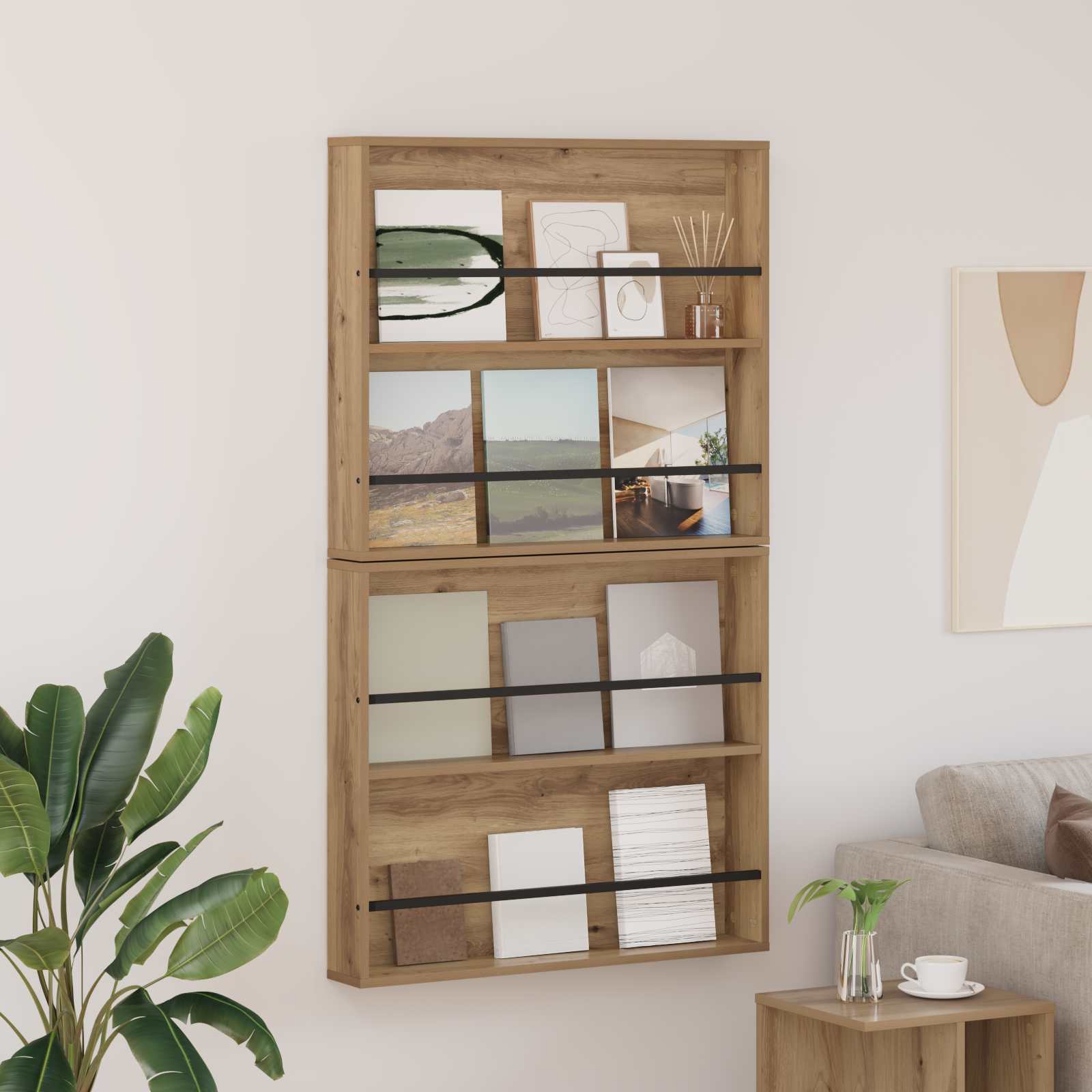 vidaXL Tijdschrift Rek Zwart Eiken 60 x 12 x 70 cm Bewerkt hout