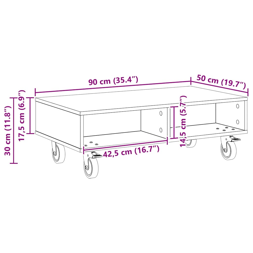 vidaXL Bijzettafel met wielen Wit 90 x 50 x 30 cm Bewerkt hout