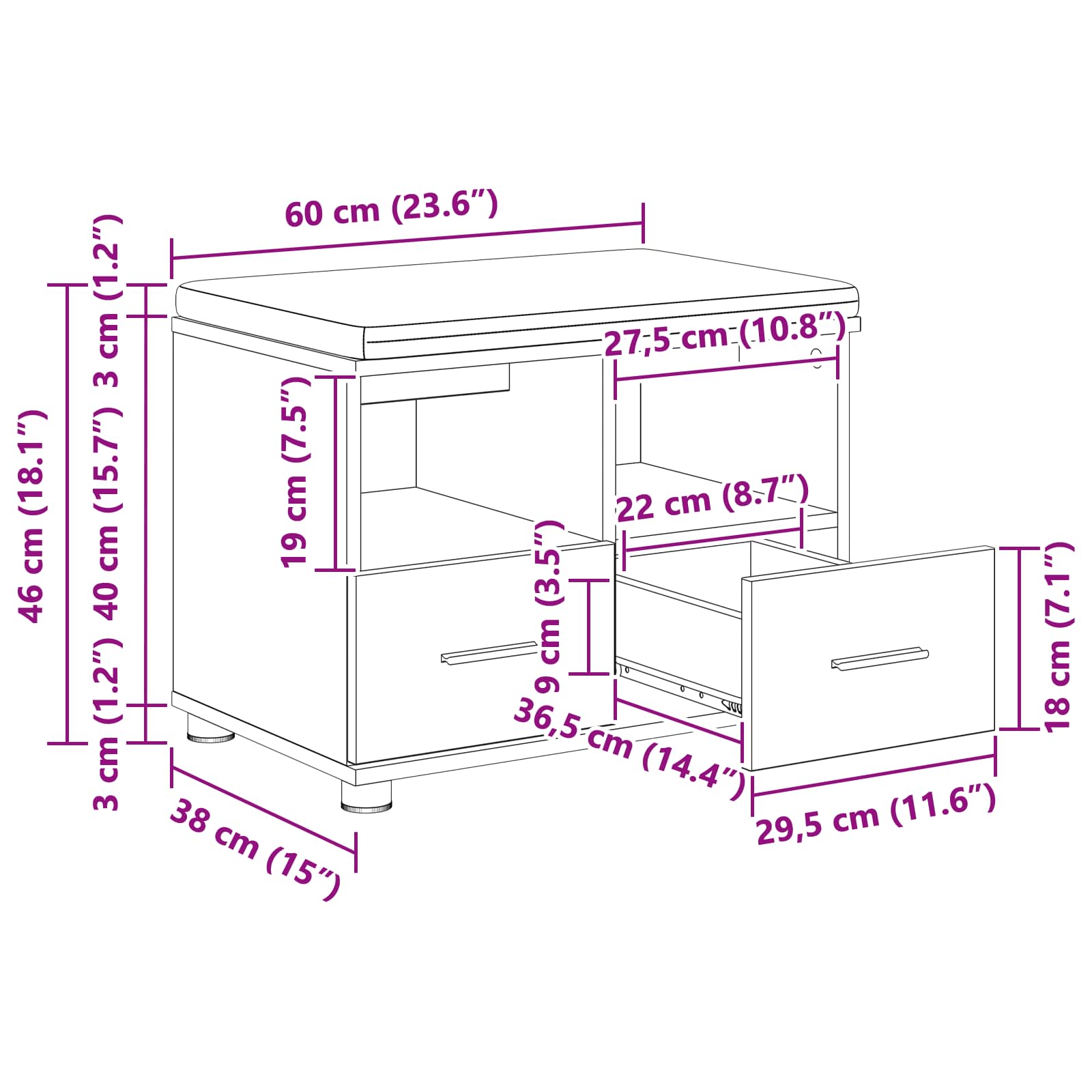 vidaXL Halbank Wit 60 x 38 x 46 cm Spaanplaat en Bekledingsstof
