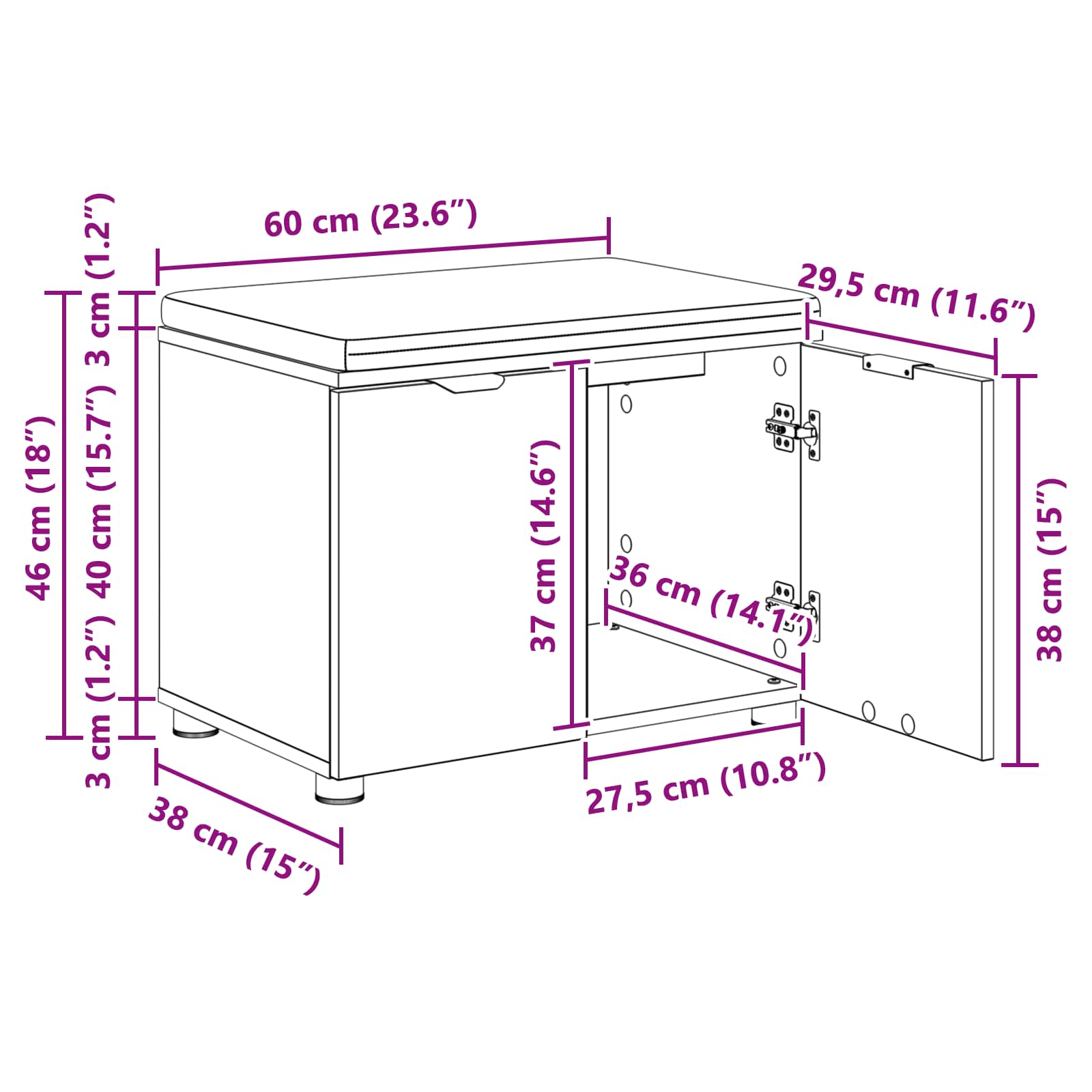 vidaXL Halbank met kussen met opslag met de deur Wit 60 x 38 x 46 cm