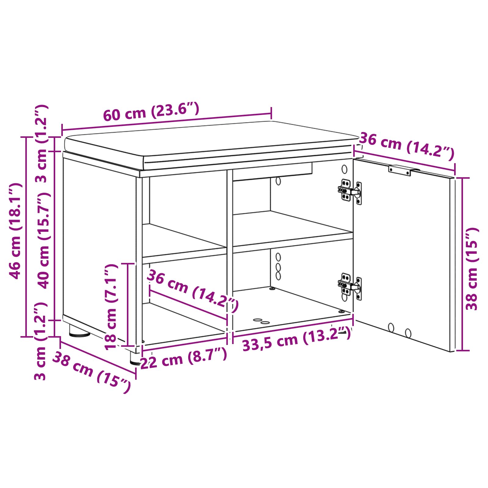vidaXL Halbank met kussen Effen Wit 60 x 38 x 46 cm