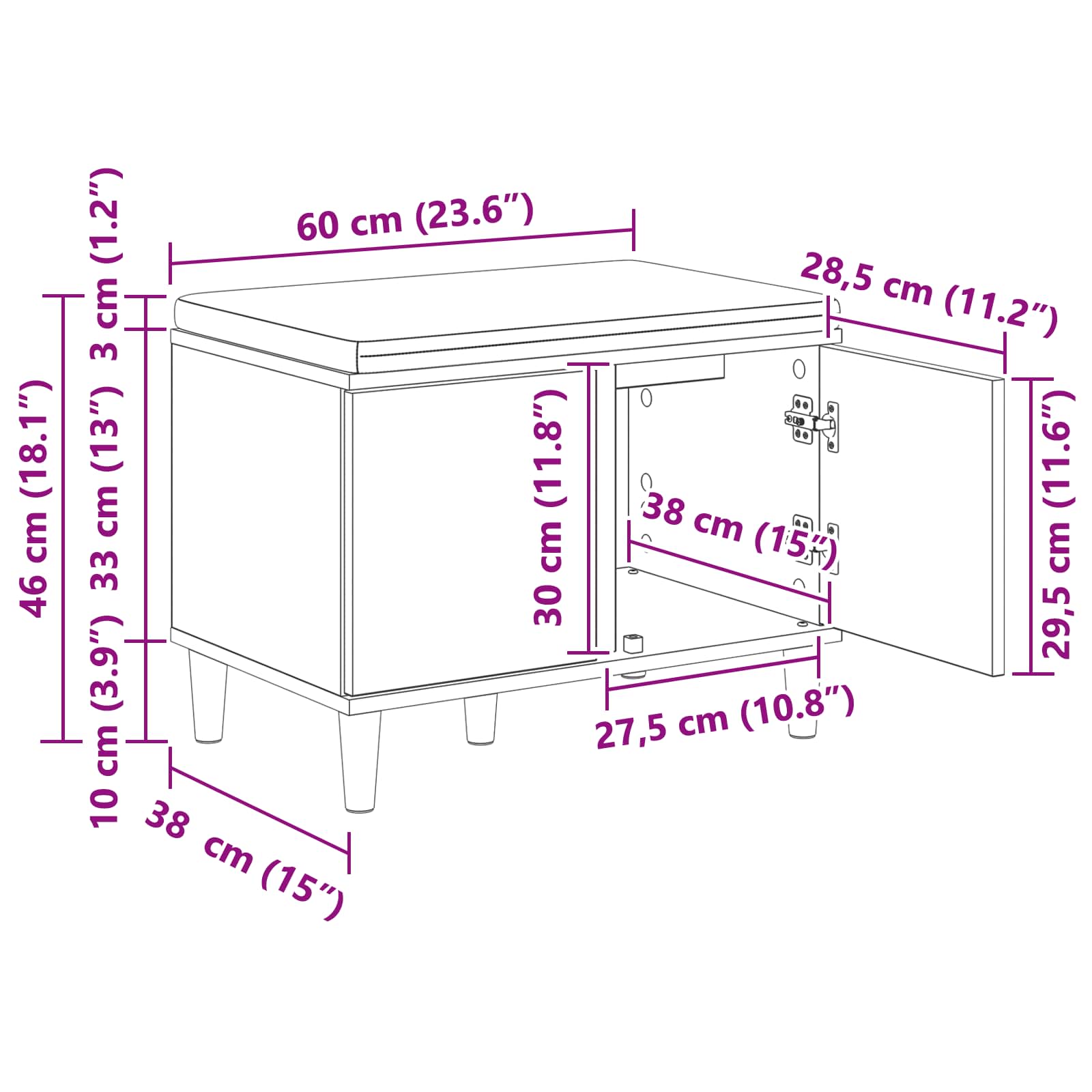 vidaXL Halbank met kussen met opslag met de deur Wit 60 x 38 x 46 cm