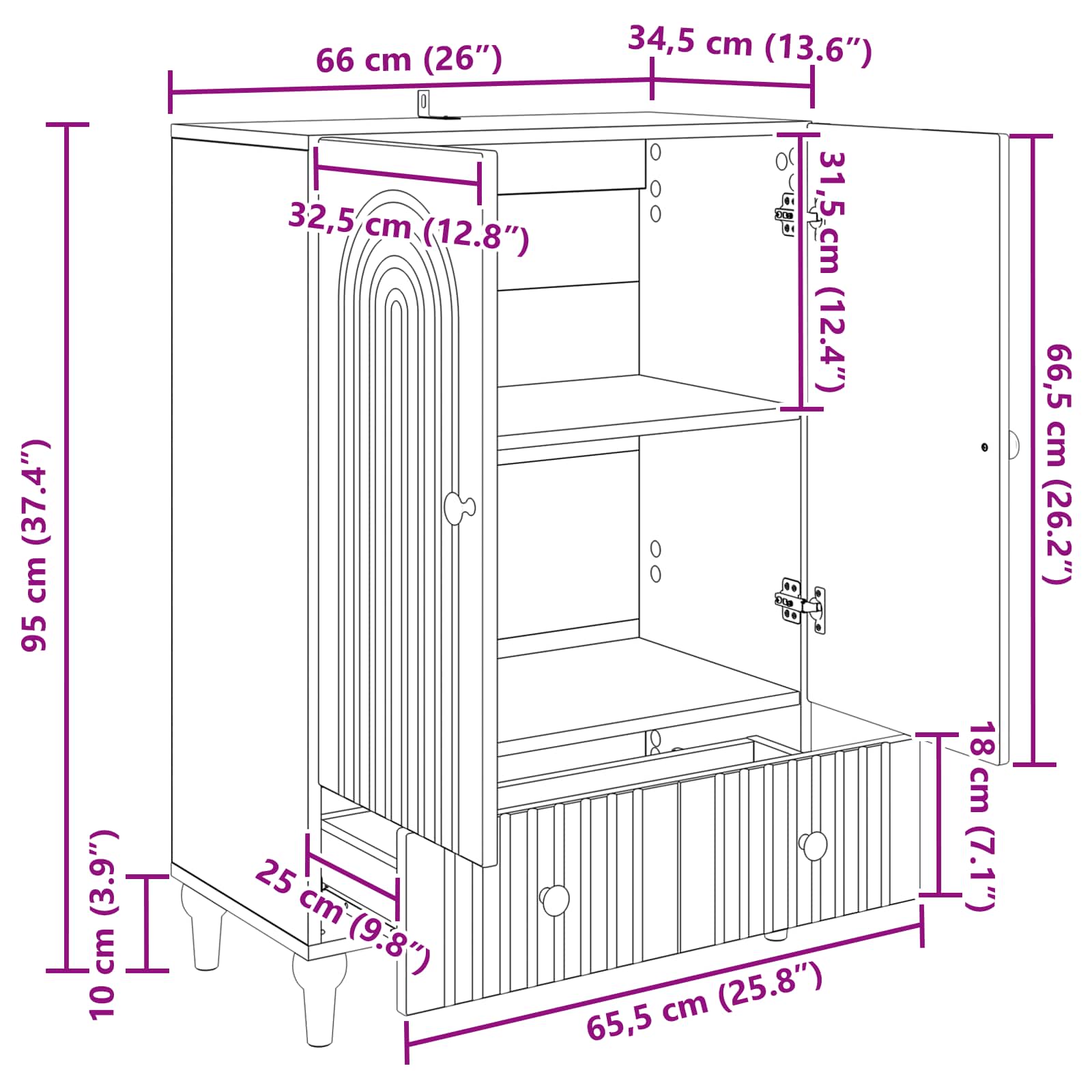 vidaXL Dressoir met lade Zwart 66 x 34,5 x 95 cm Bewerkt hout