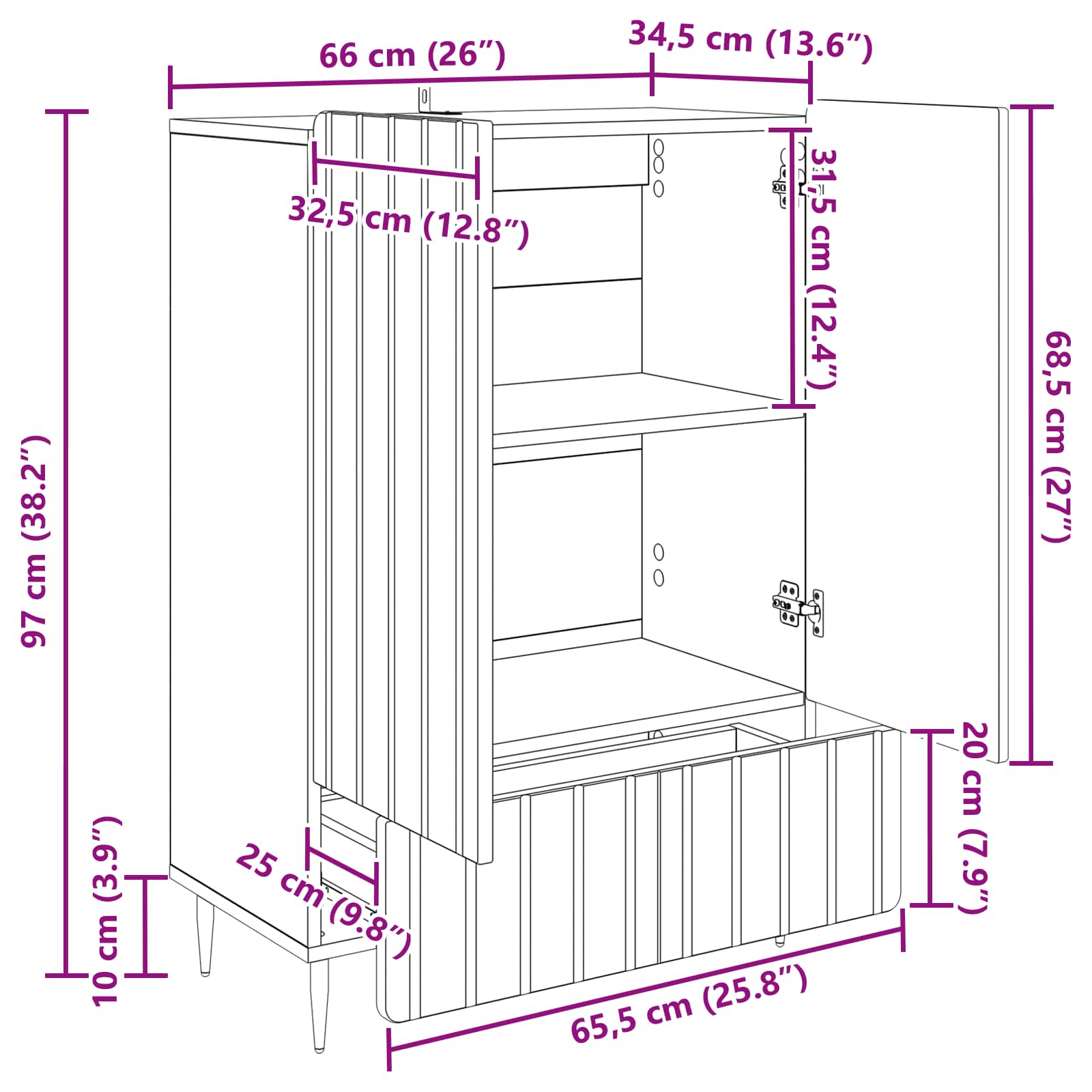vidaXL Dressoir met lade Zwart 66 x 34,5 x 97 cm Bewerkt hout