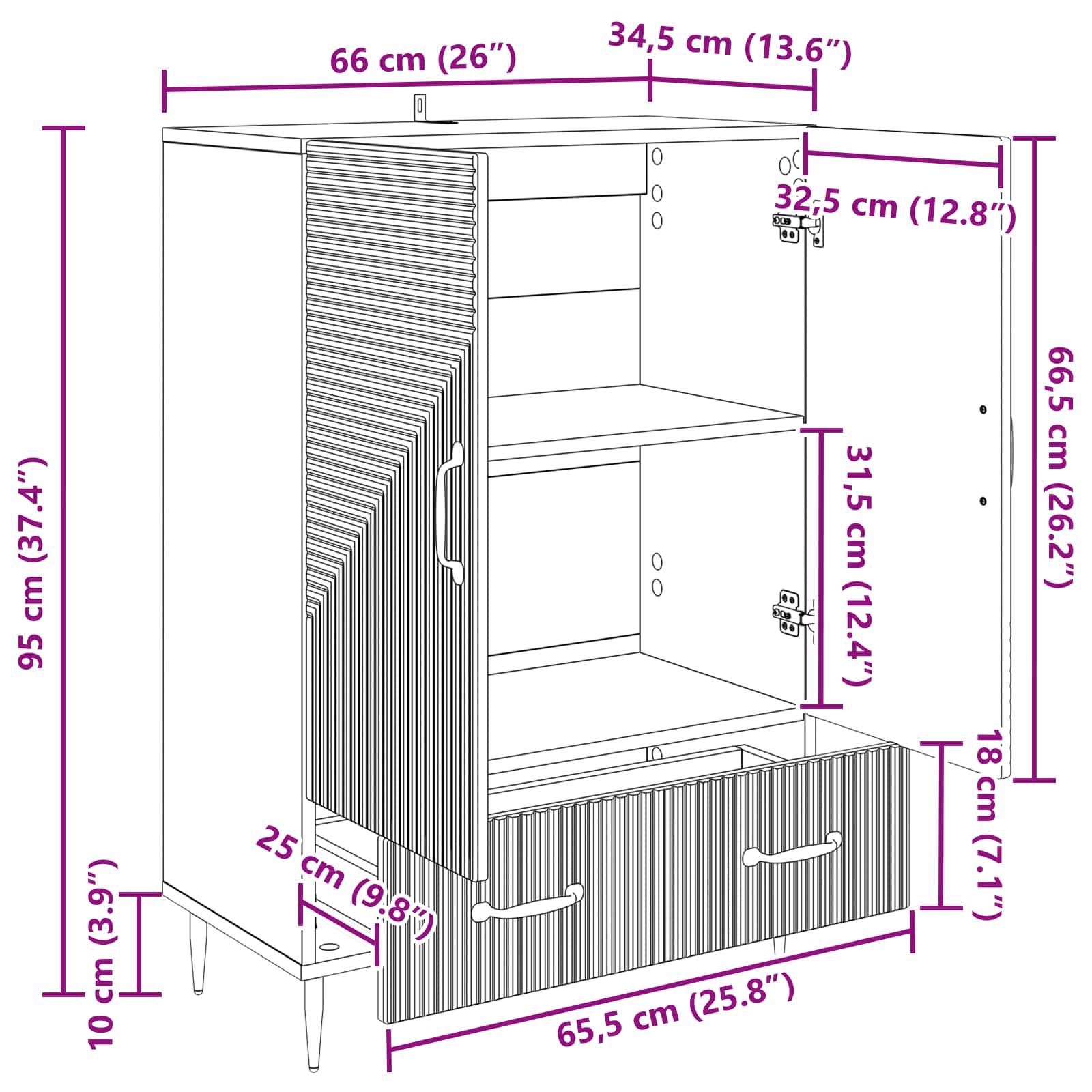 vidaXL Dressoir met lade Zwart 66 x 34,5 x 95 cm Bewerkt hout