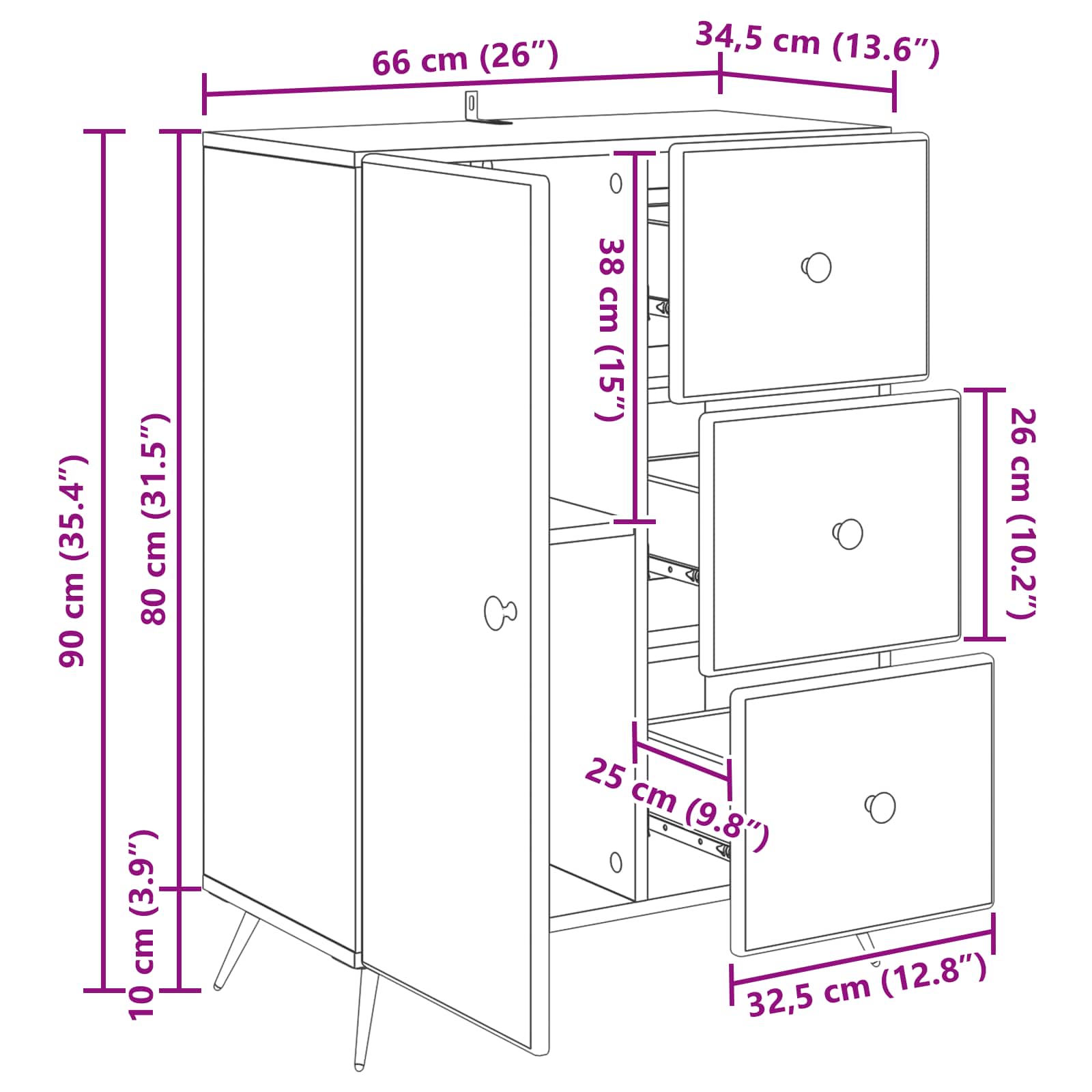 vidaXL Dressoir met lade Zwart 66 x 34,5 x 90 cm Bewerkt hout