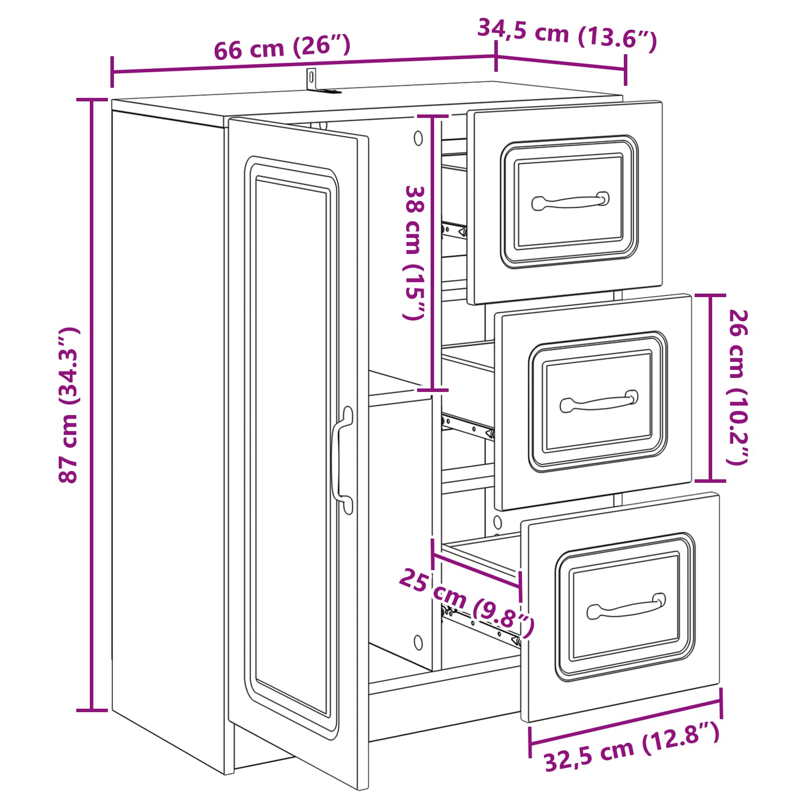 vidaXL Dressoir met lade Zwart 66 x 34,5 x 87 cm Bewerkt hout