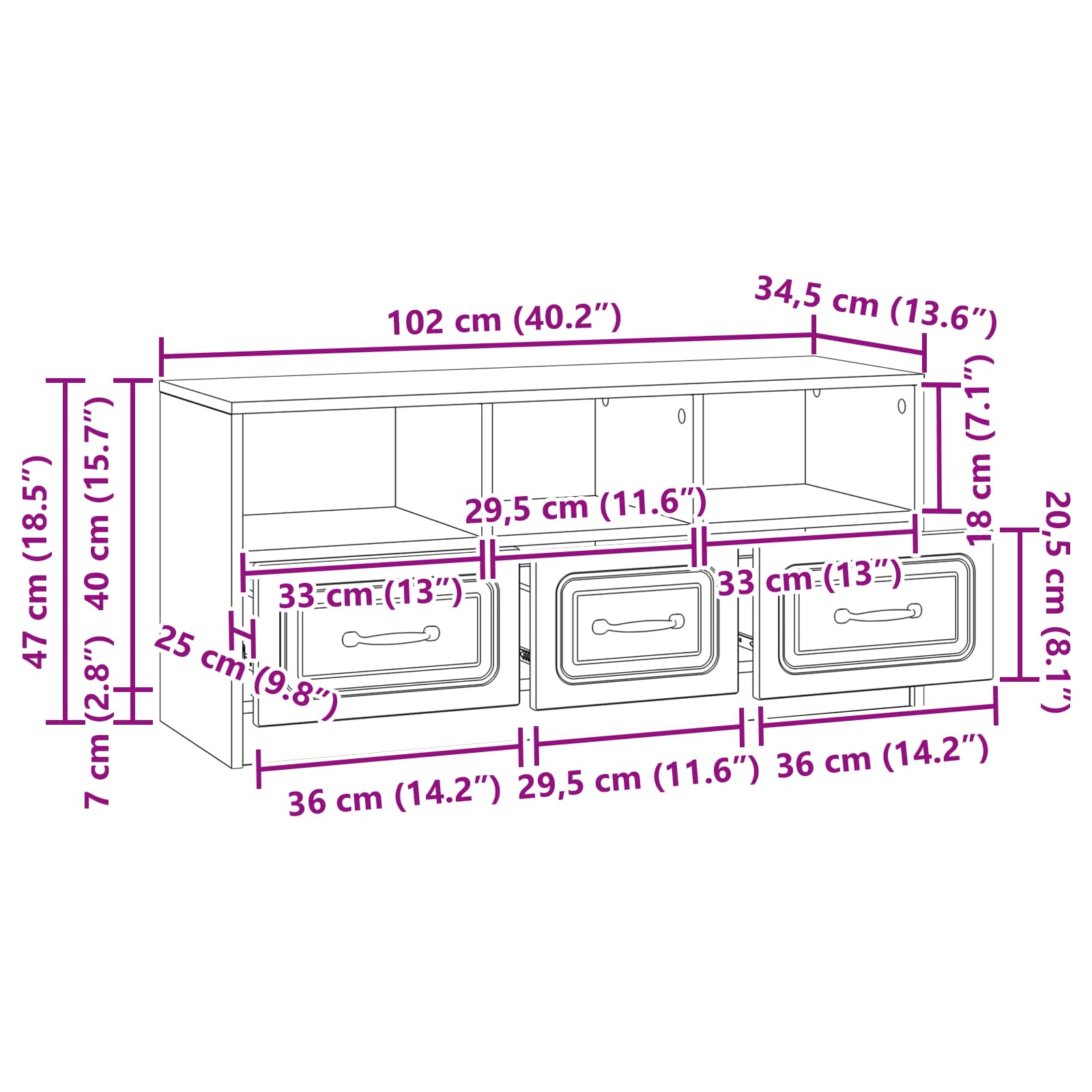 vidaXL TV-kast met lade Zwart 102 x 34,5 x 47 cm Bewerkt hout