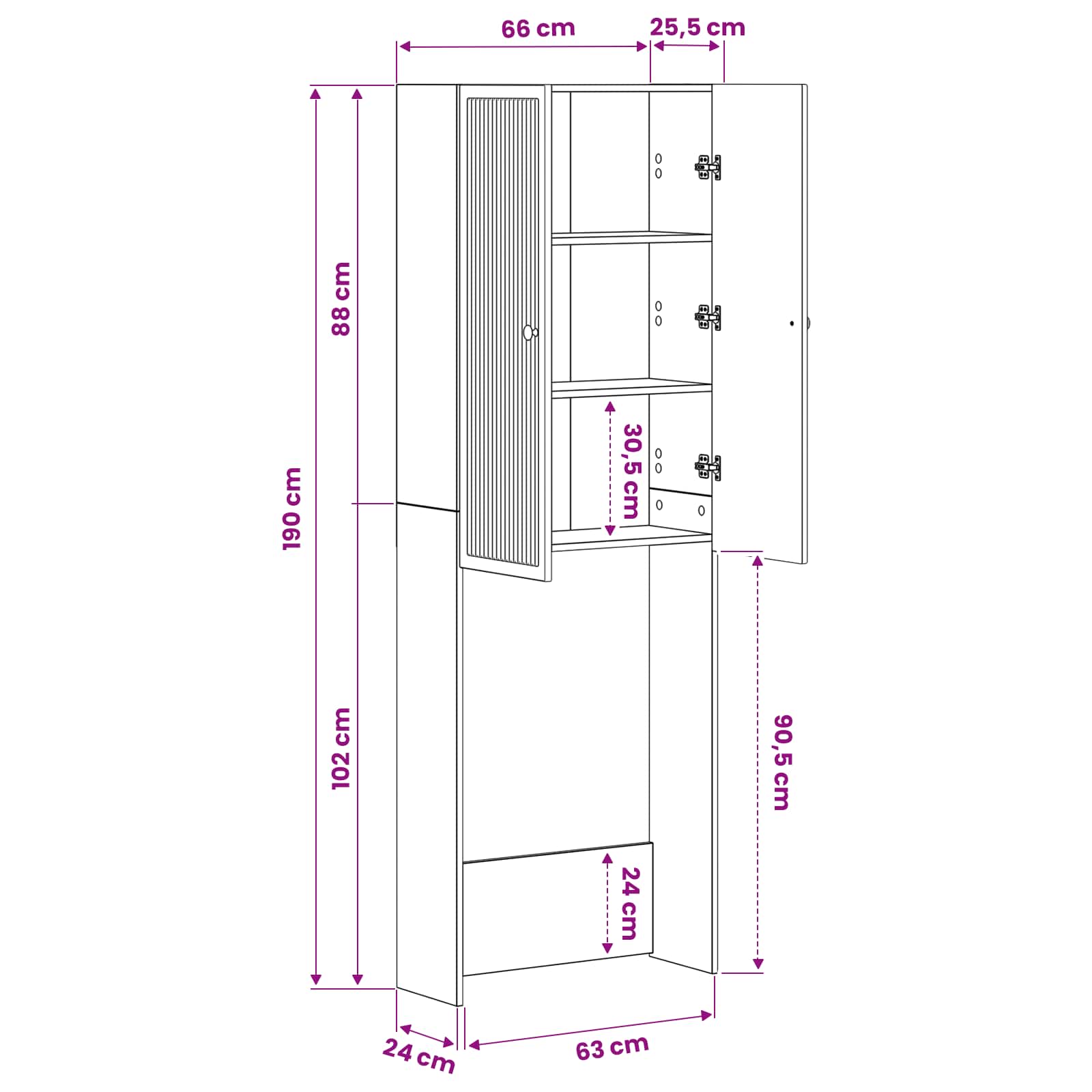 vidaXL Toiletkast EDE Wit 66 x 25,5 x 190 cm Bewerkt hout