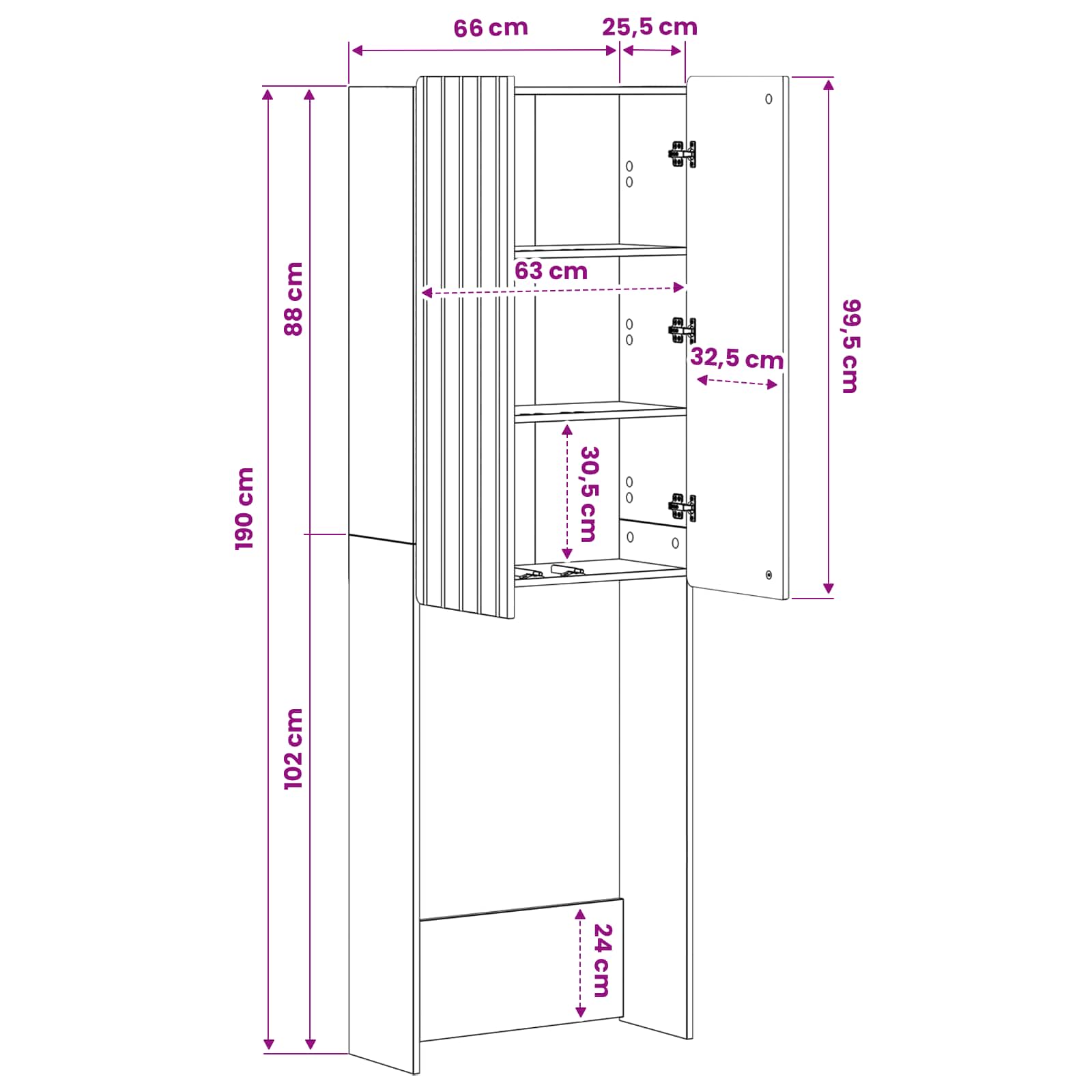 vidaXL Toiletkast ZWOLLE Wit 66 x 25,5 x 190 cm Bewerkt hout