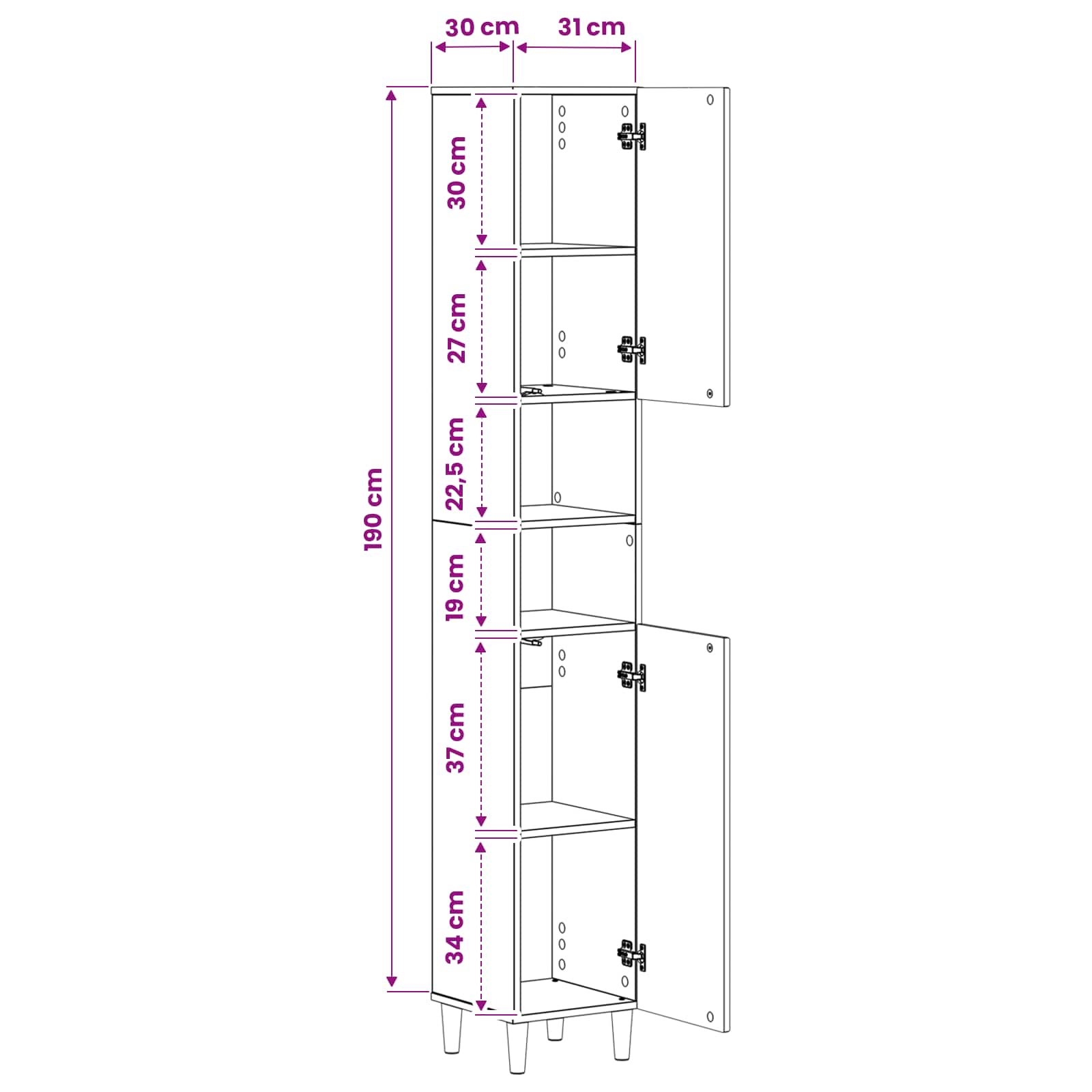 vidaXL Badkamerkast met Open Plank ARNHEM Wit 30 x 31 x 190 cm