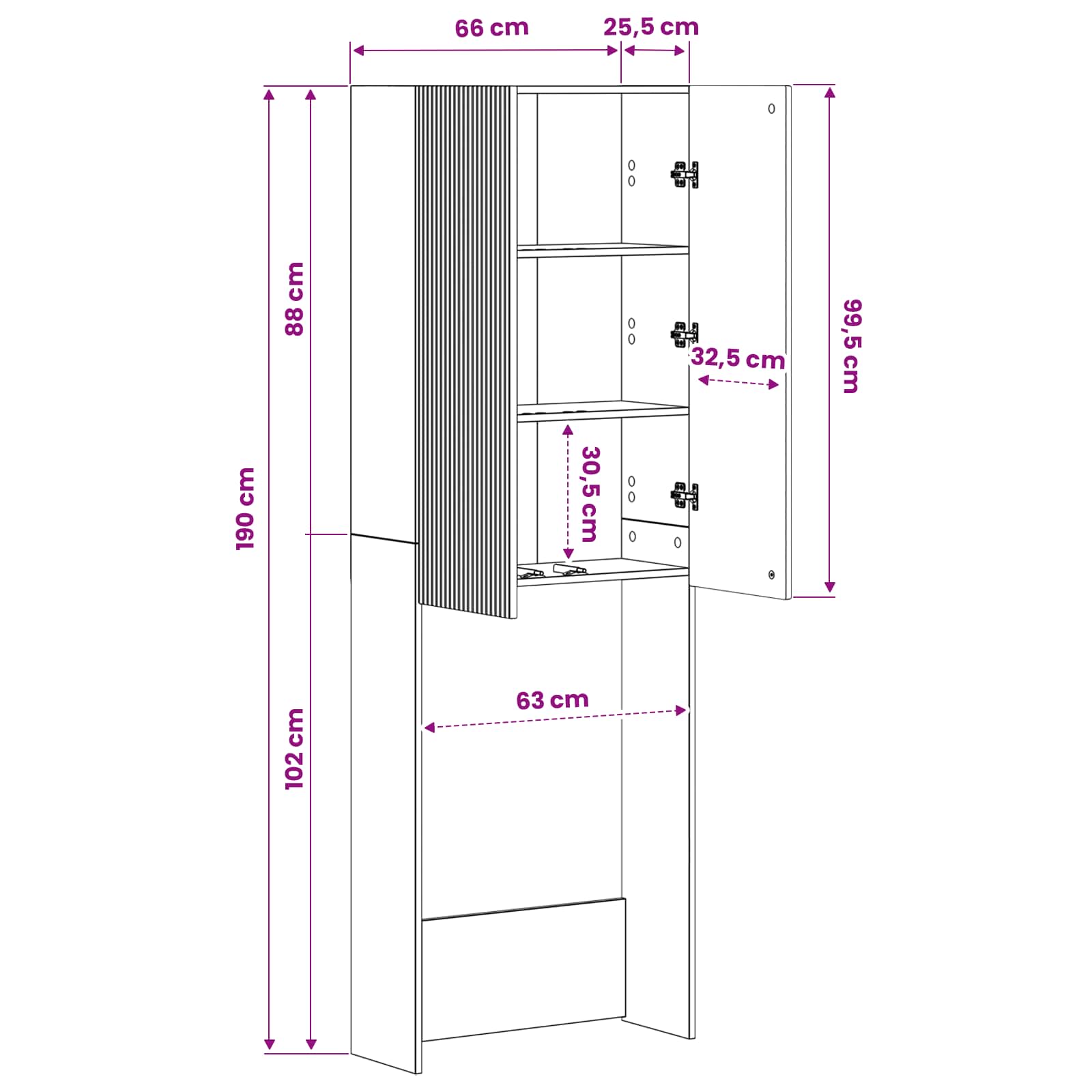 vidaXL Toiletkast ARNHEM Wit 66 x 25,5 x 190 cm Bewerkt hout