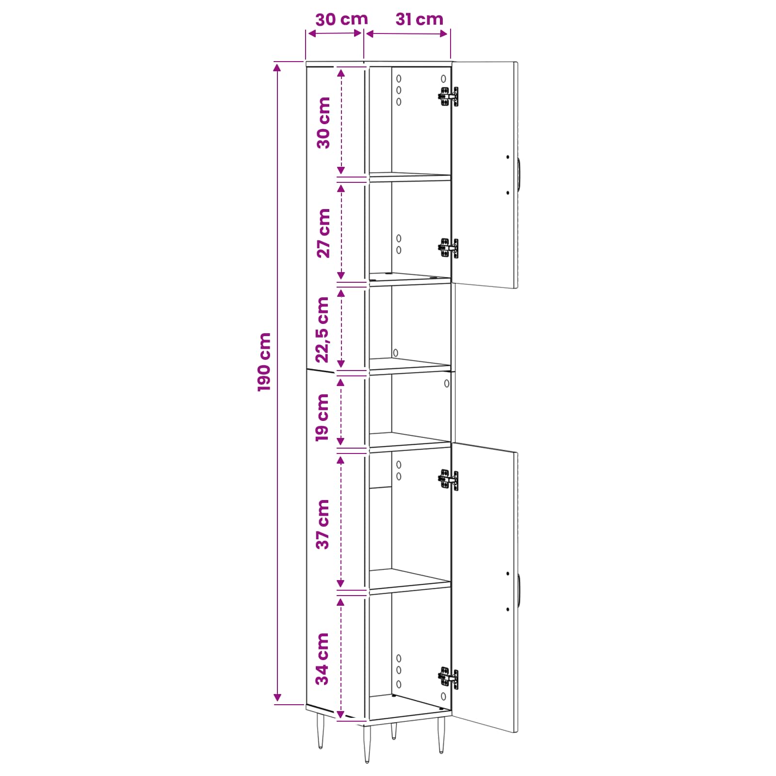vidaXL Badkamerkast met Open Plank HAARLEM Wit 30 x 31 x 190 cm