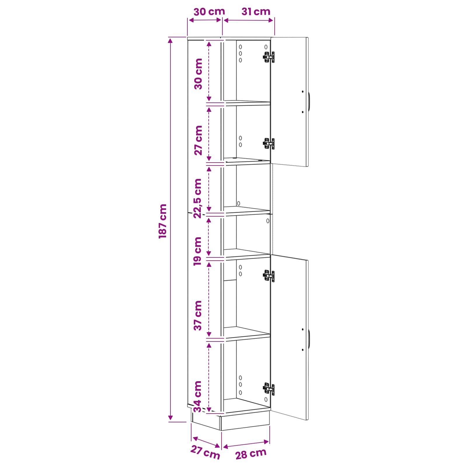 vidaXL Badkamerkast met Open Plank HOORN Wit 30 x 31 x 187 cm