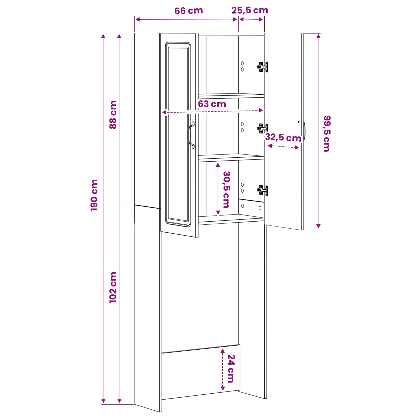 vidaXL Toiletkast UTRECHT Wit 66 x 25,5 x 190 cm Bewerkt hout