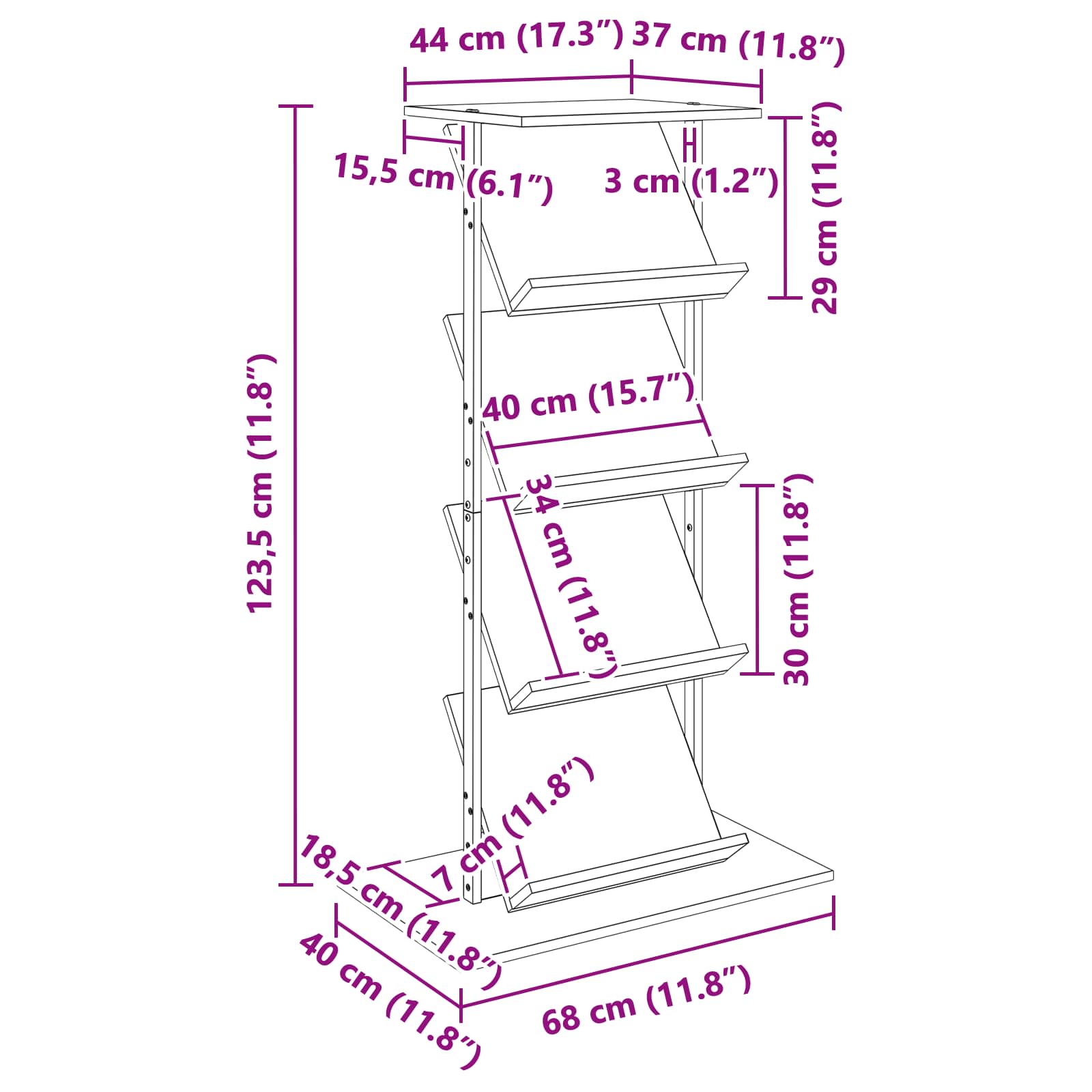 vidaXL Tijdschrift Rek Zwart Eiken 68 x 40 x 123.5 cm Bewerkt hout