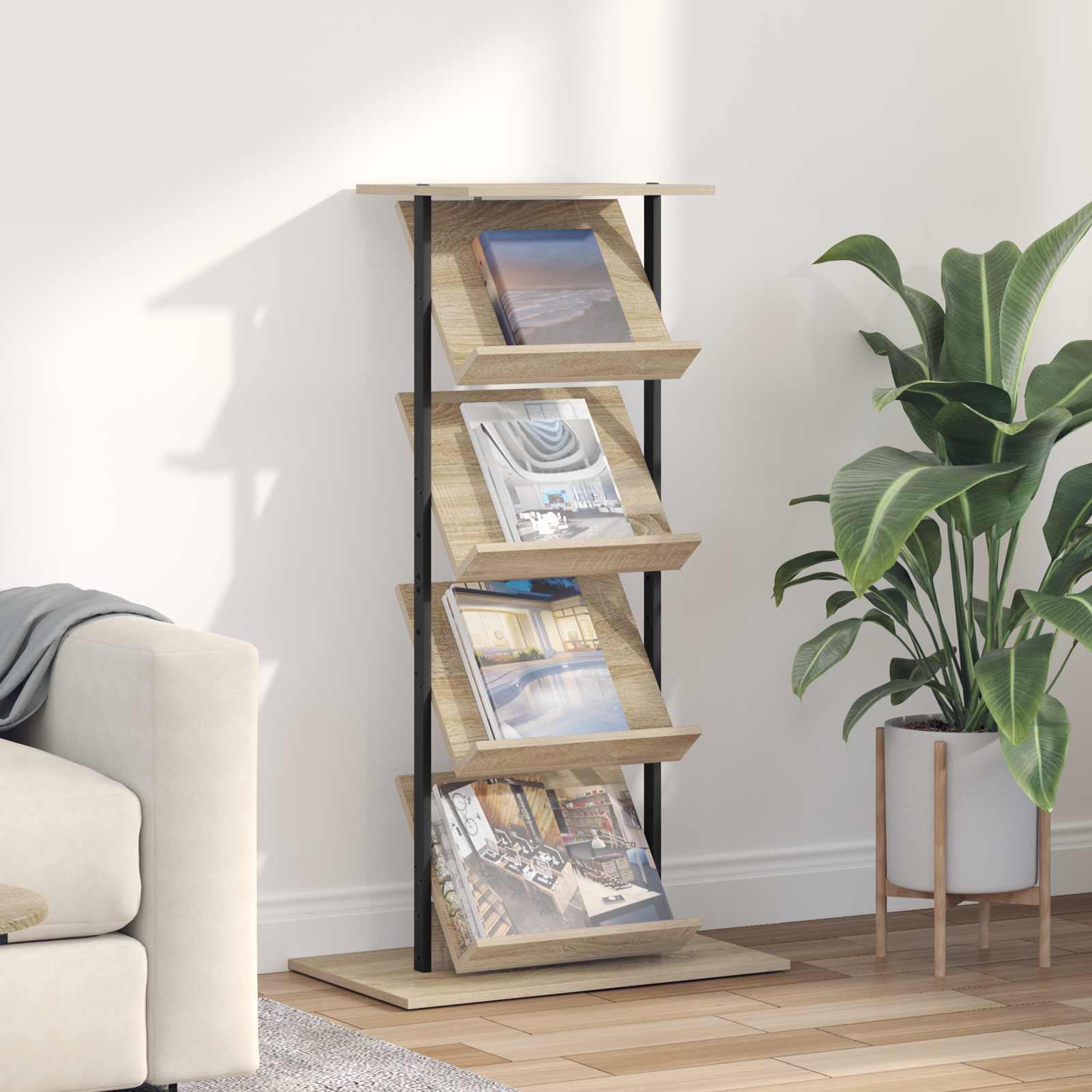 vidaXL Tijdschrift Rek Zwart Eiken 68 x 40 x 123.5 cm Bewerkt hout