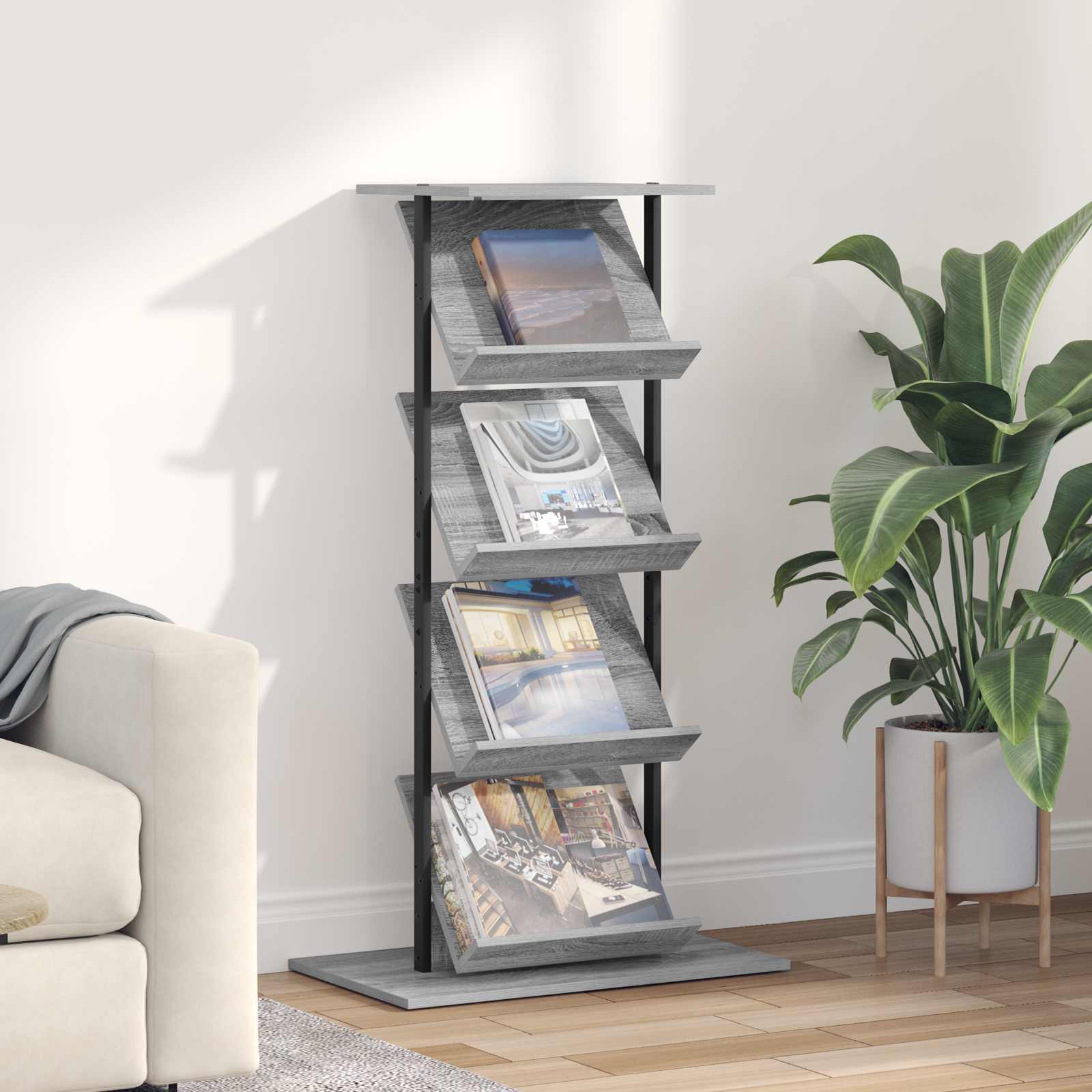 vidaXL Tijdschrift Rek Zwart Eiken 68 x 40 x 123.5 cm Bewerkt hout