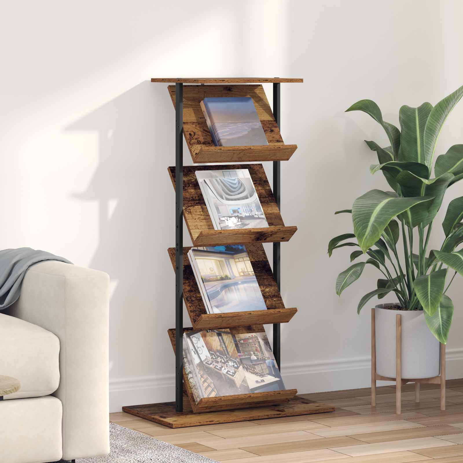 vidaXL Tijdschrift Rek Zwart Eiken 68 x 40 x 123.5 cm Bewerkt hout
