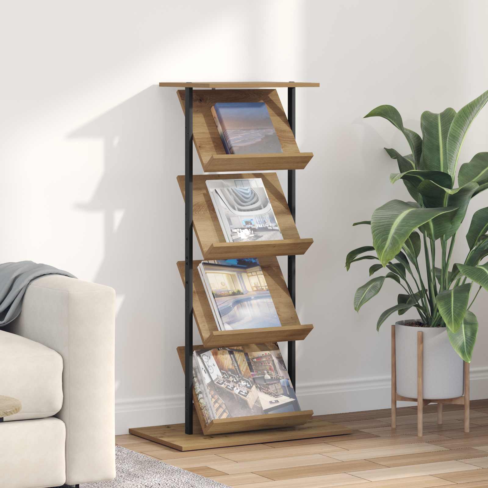 vidaXL Tijdschrift Rek Zwart Eiken 68 x 40 x 123.5 cm Bewerkt hout