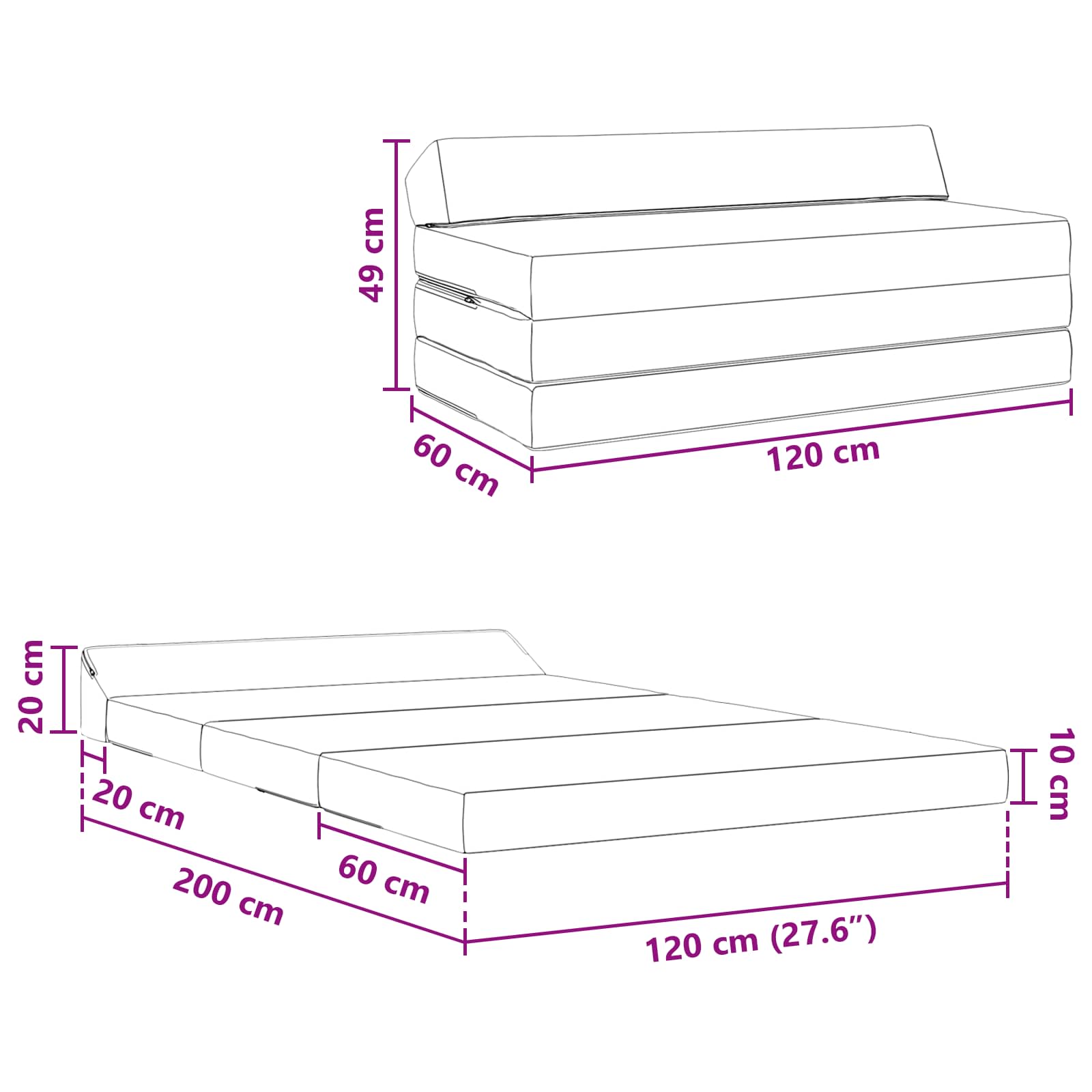 vidaXL Vouwbare Bankbed Lichtgrijs 120 x 60 x 49 cm Stof