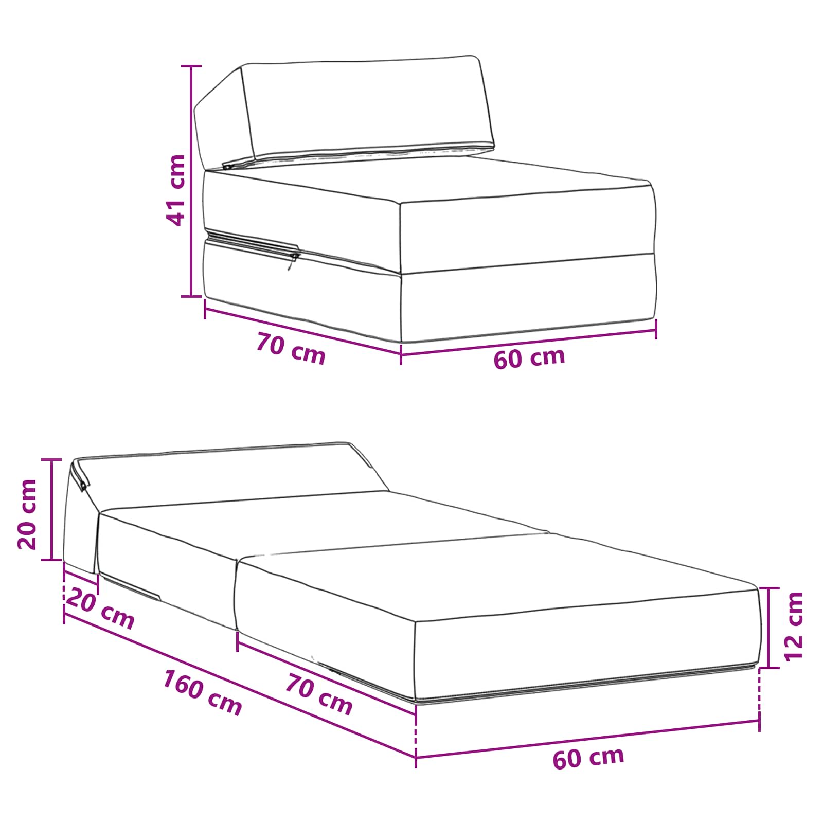 vidaXL Vouwbare Bankbed Lichtgrijs 60 x 70 x 41 cm Stof