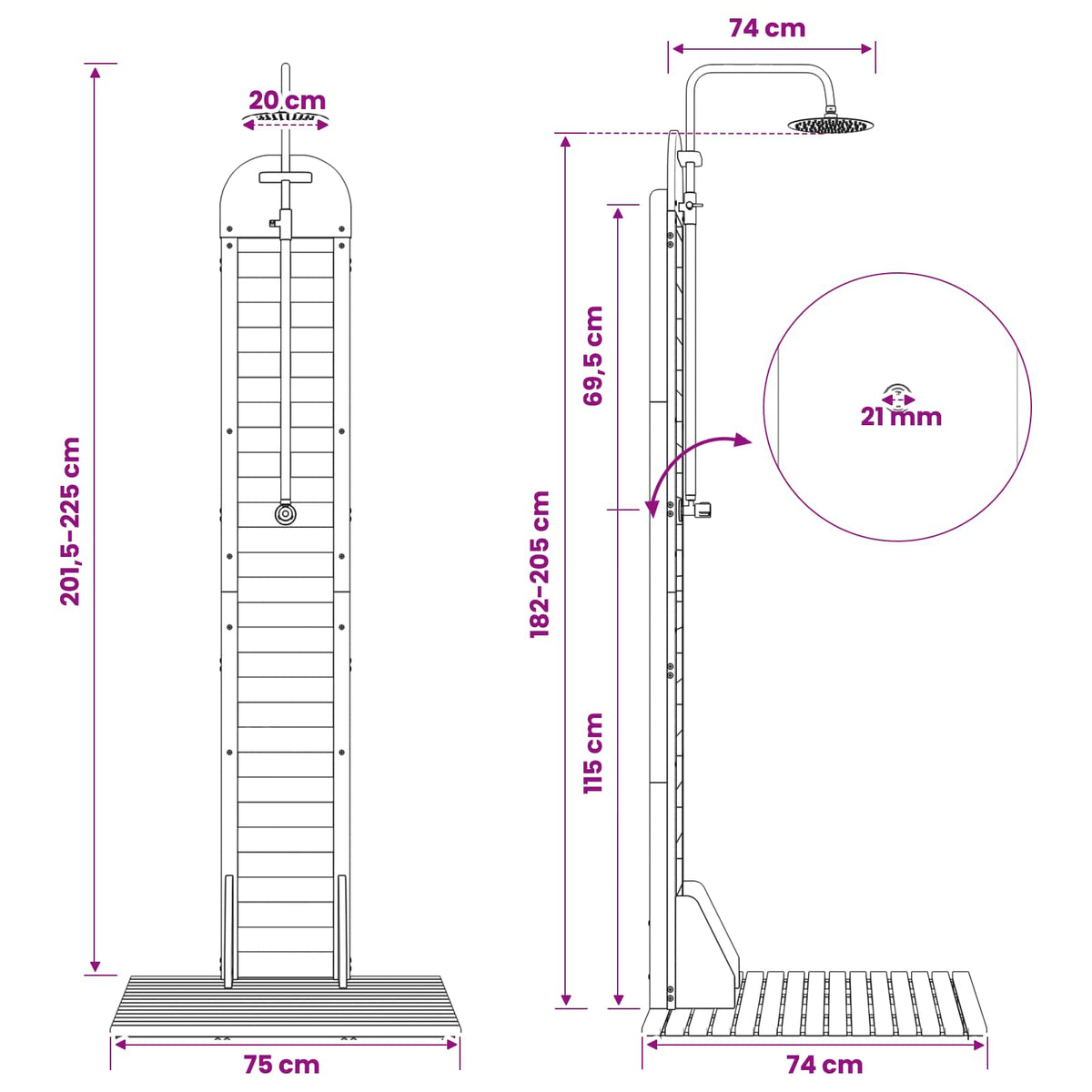 vidaXL Buitendouche 225 cm Massief acaciahout en roestvrij staal Wit