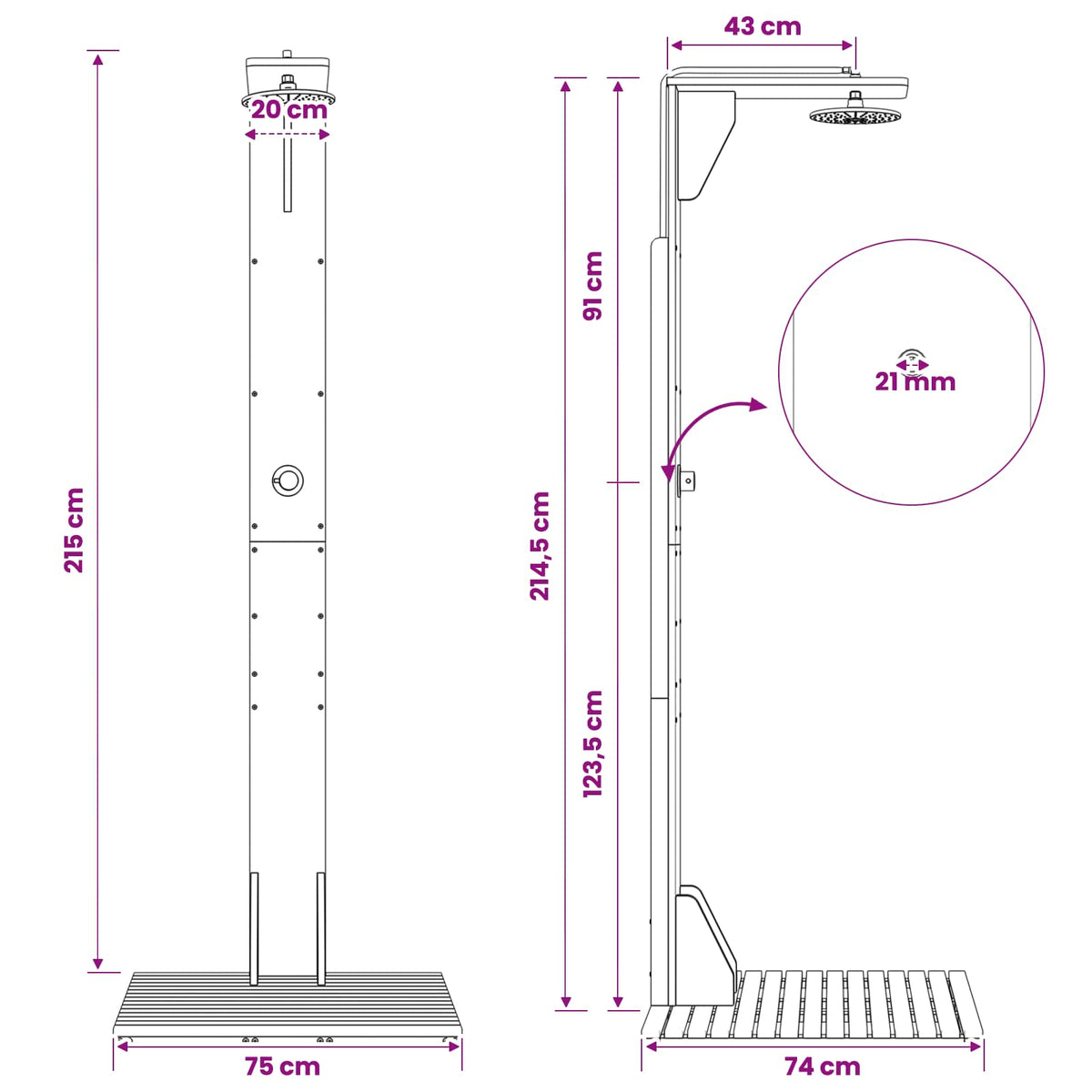 vidaXL Buitendouche 219 cm Massief acaciahout en roestvrij staal